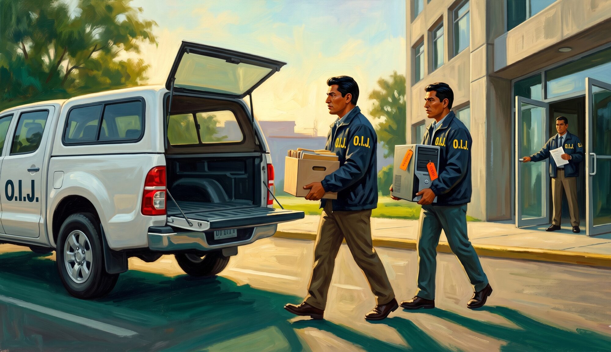 Judicial investigators carry boxed files and a tagged computer tower out of a government office toward a waiting OIJ pickup.