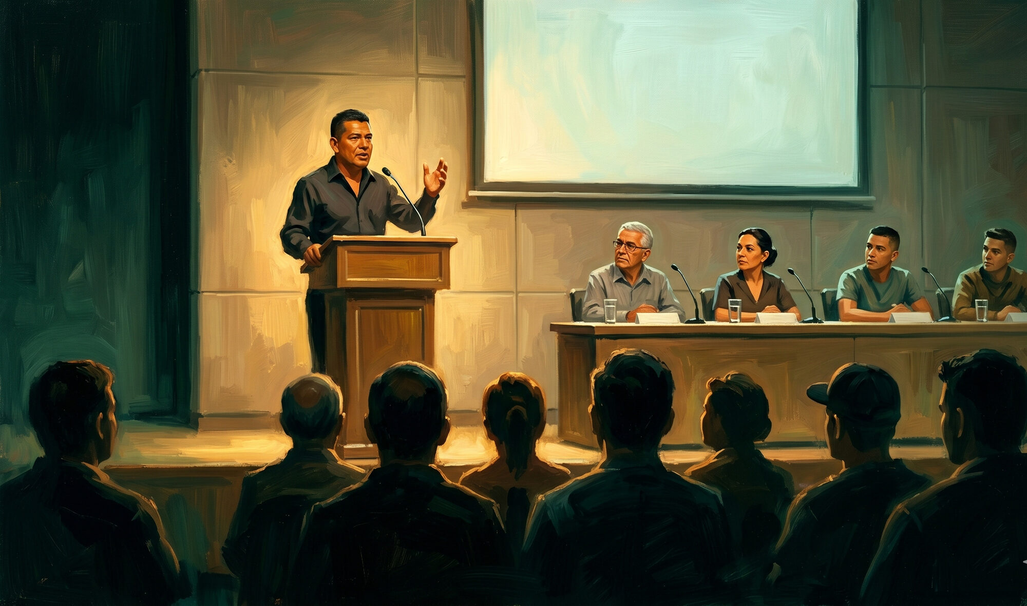 A union leader speaking at a lectern in a Costa Rican legislative committee room, a panel of officials seated behind him.