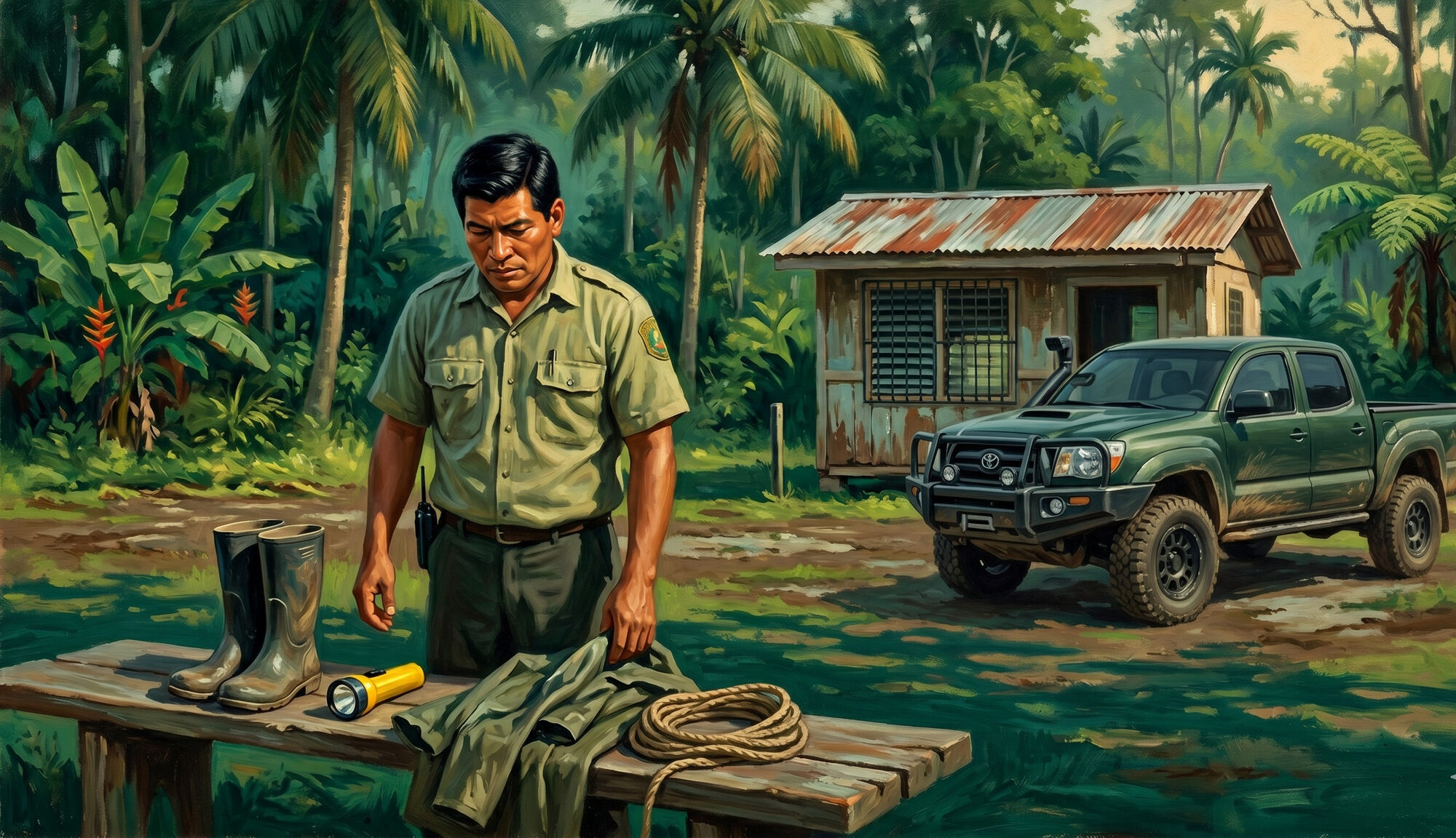 A park ranger at a run-down station looking down at his own boots, flashlight, rain jacket, and rope laid out on a bench, an aging pickup truck behind him.
