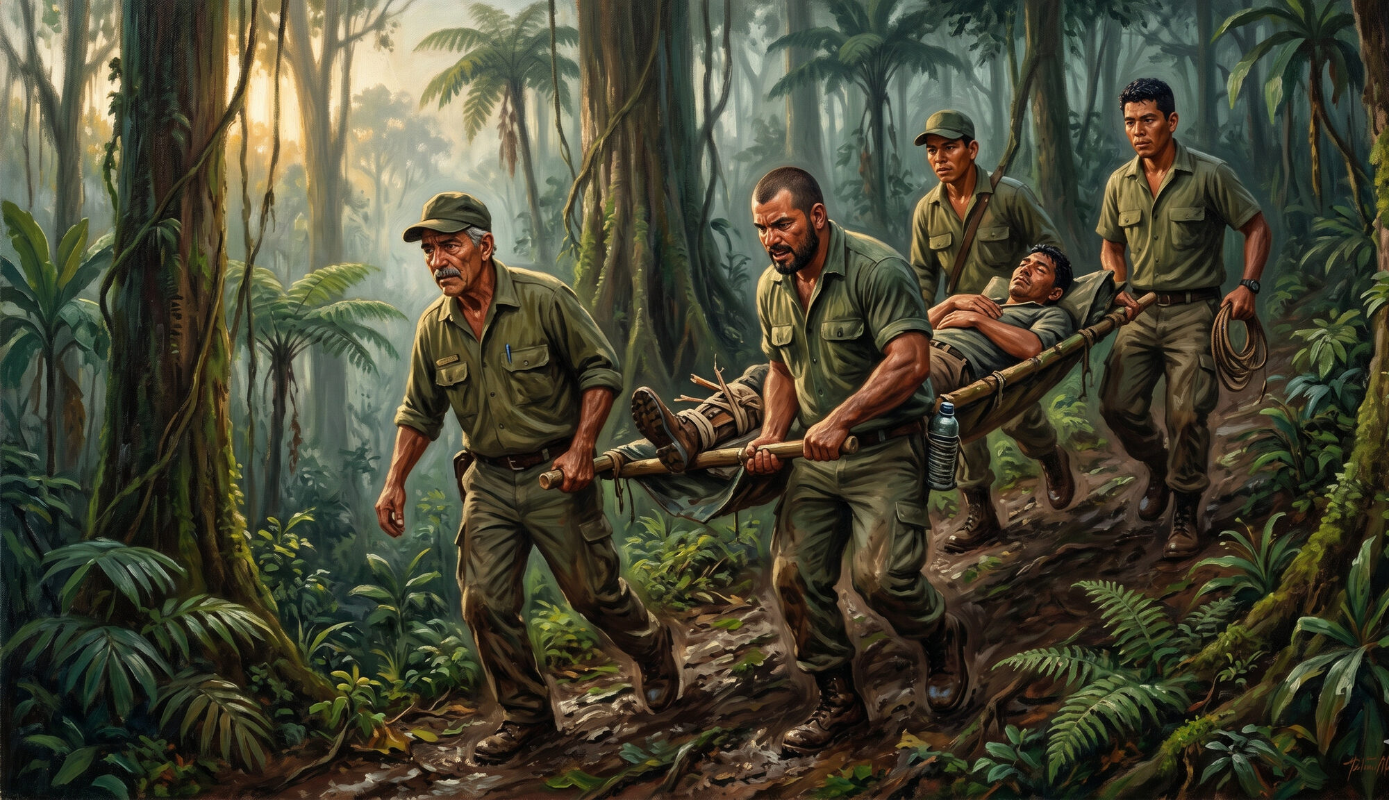 Four park rangers carrying an injured colleague on an improvised stretcher down a steep jungle slope at dusk.