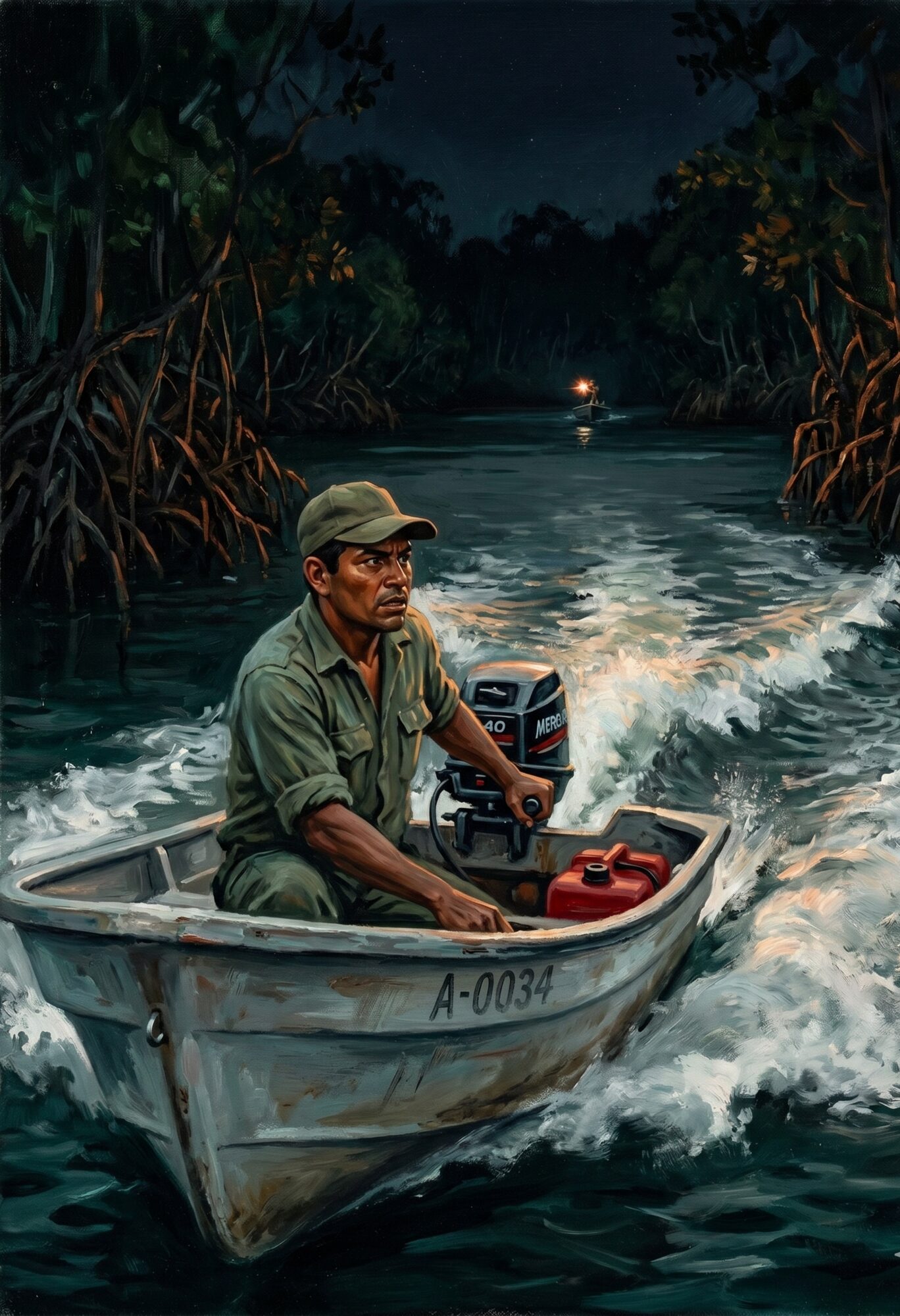 A lone park ranger gunning his small patrol boat away down a dark mangrove channel at night, looking back at a distant boat of gunmen that does not follow.