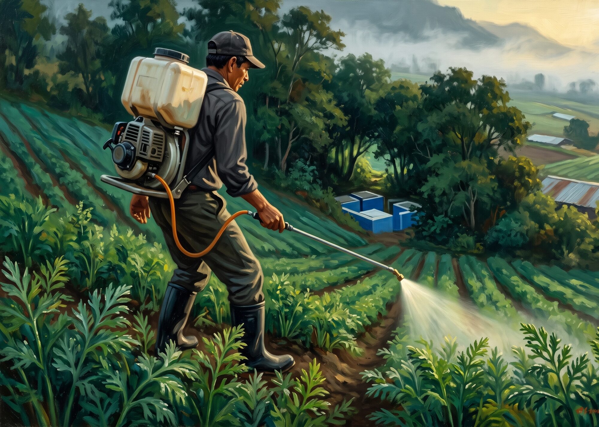 A farm worker applies pesticide with a motorized backpack sprayer on a steep carrot field above the Plantón spring