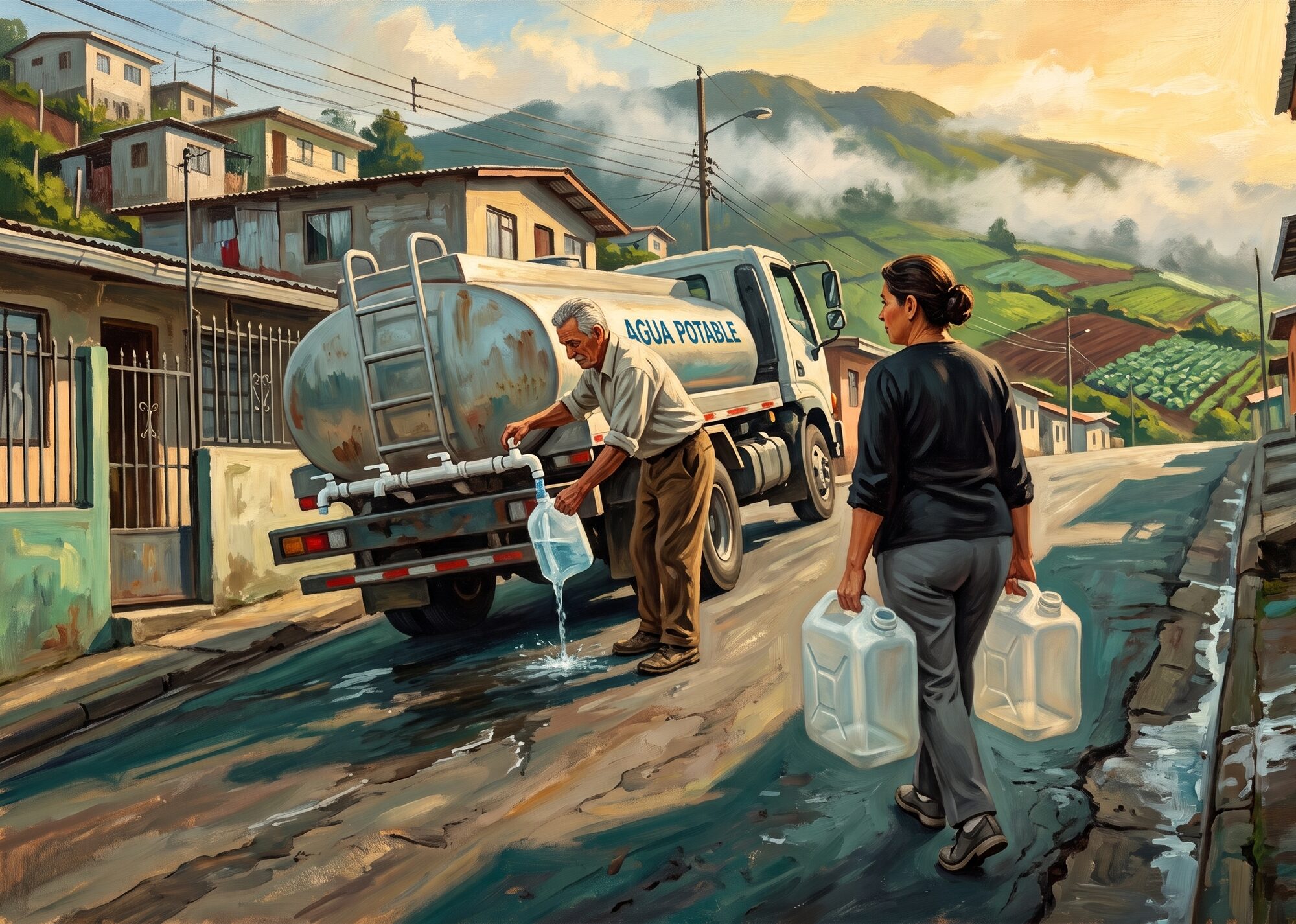 Residents collect drinking water from a tanker truck on a steep street in the vegetable highlands of Cipreses