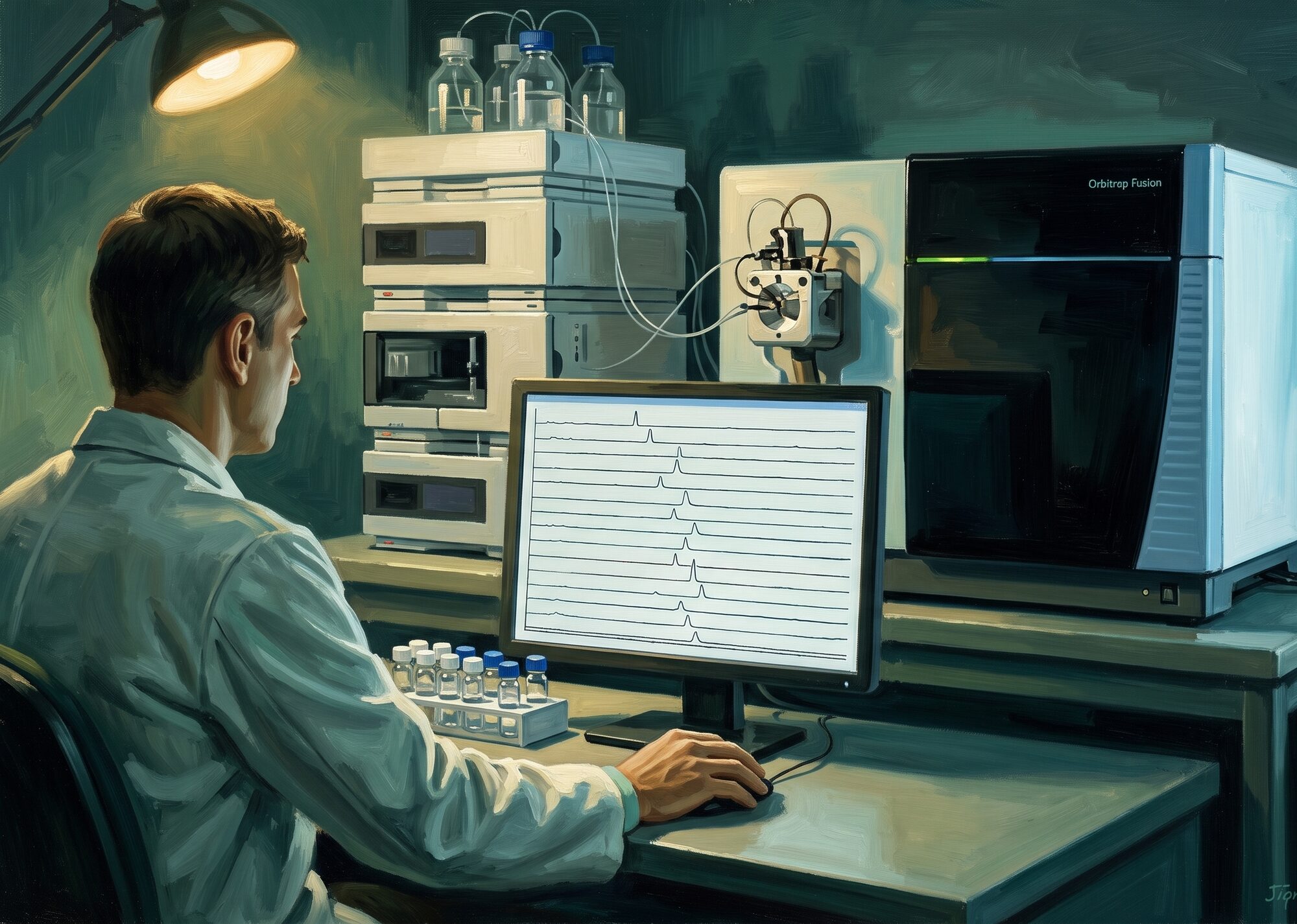 A water scientist examines multiple chromatogram traces from a groundwater sample using liquid chromatography and high-resolution mass spectrometry