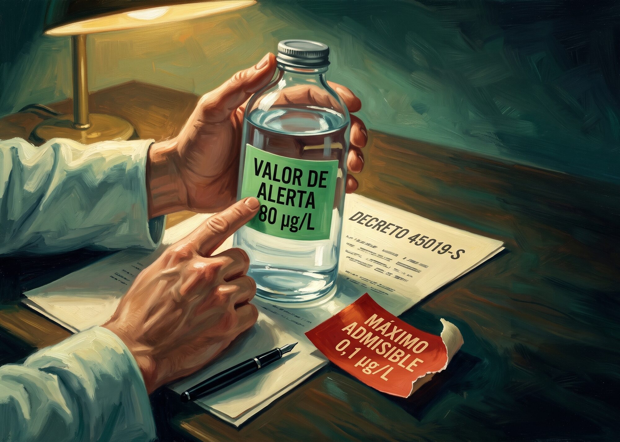 A clear water sample is relabeled from a maximum admissible value of 0.1 micrograms per liter to an alert value of 80 micrograms per liter