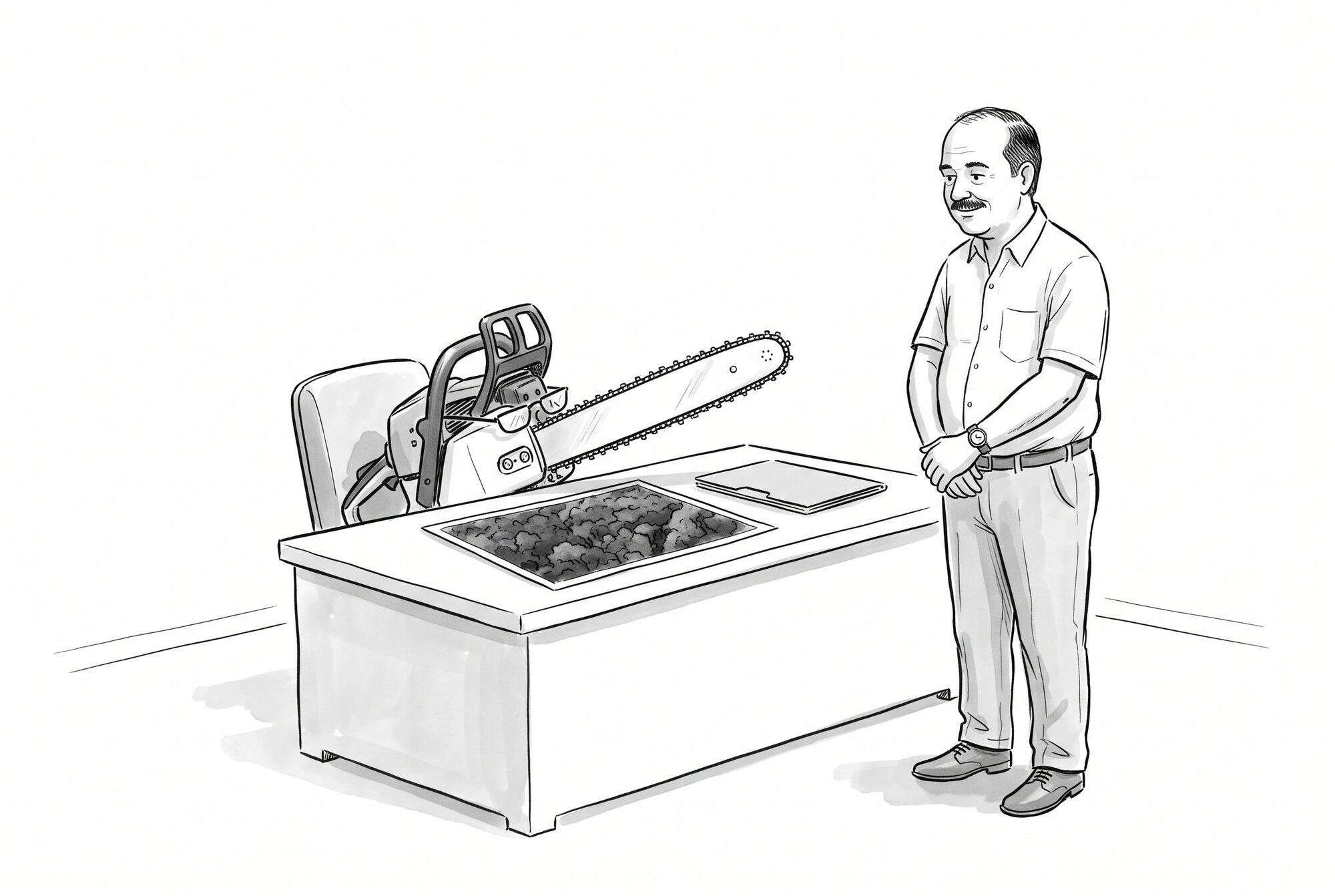 A chainsaw wearing reading glasses examines a forest photograph while a developer waits at its desk.