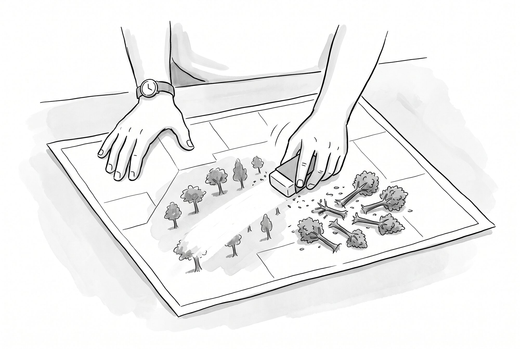 A developer erases trees from a property map, leaving miniature felled trees as eraser shavings.