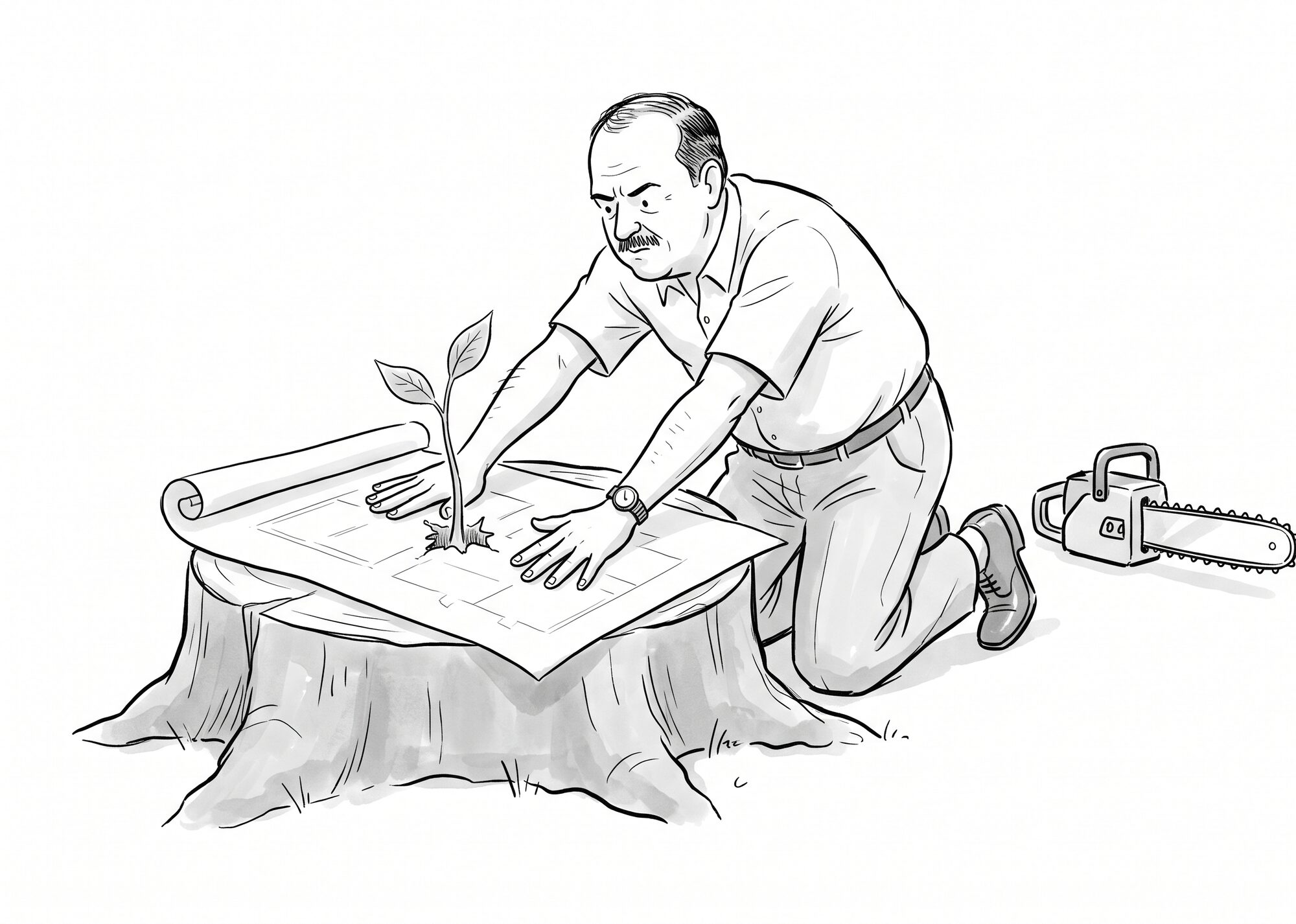 A developer presses building plans flat on a tree stump while a leafy shoot grows through the paper.