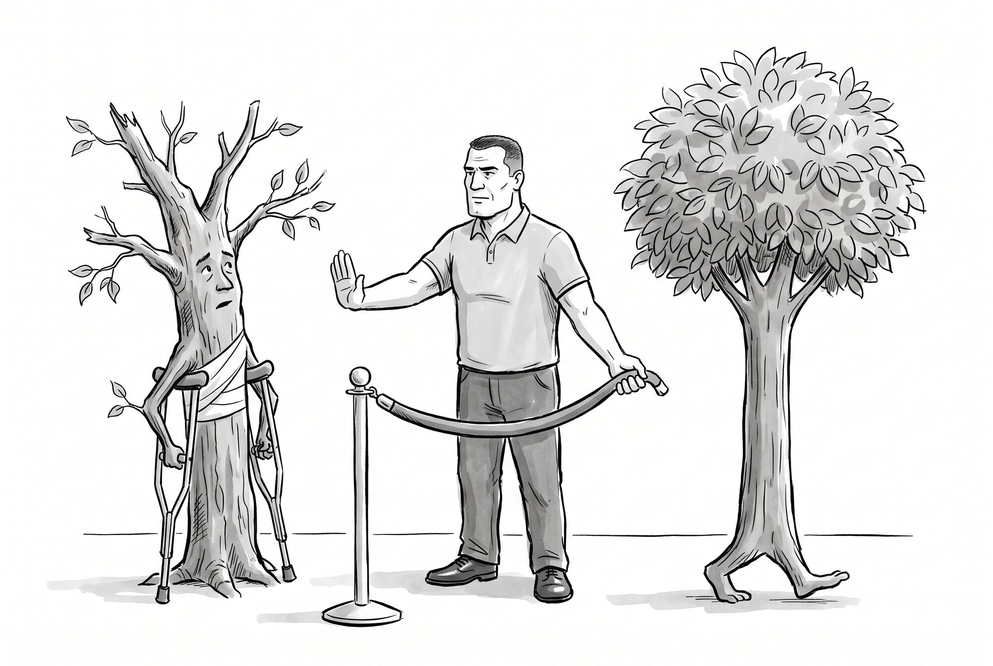 A bouncer admits a flourishing tree past a velvet rope while stopping a damaged tree on crutches.