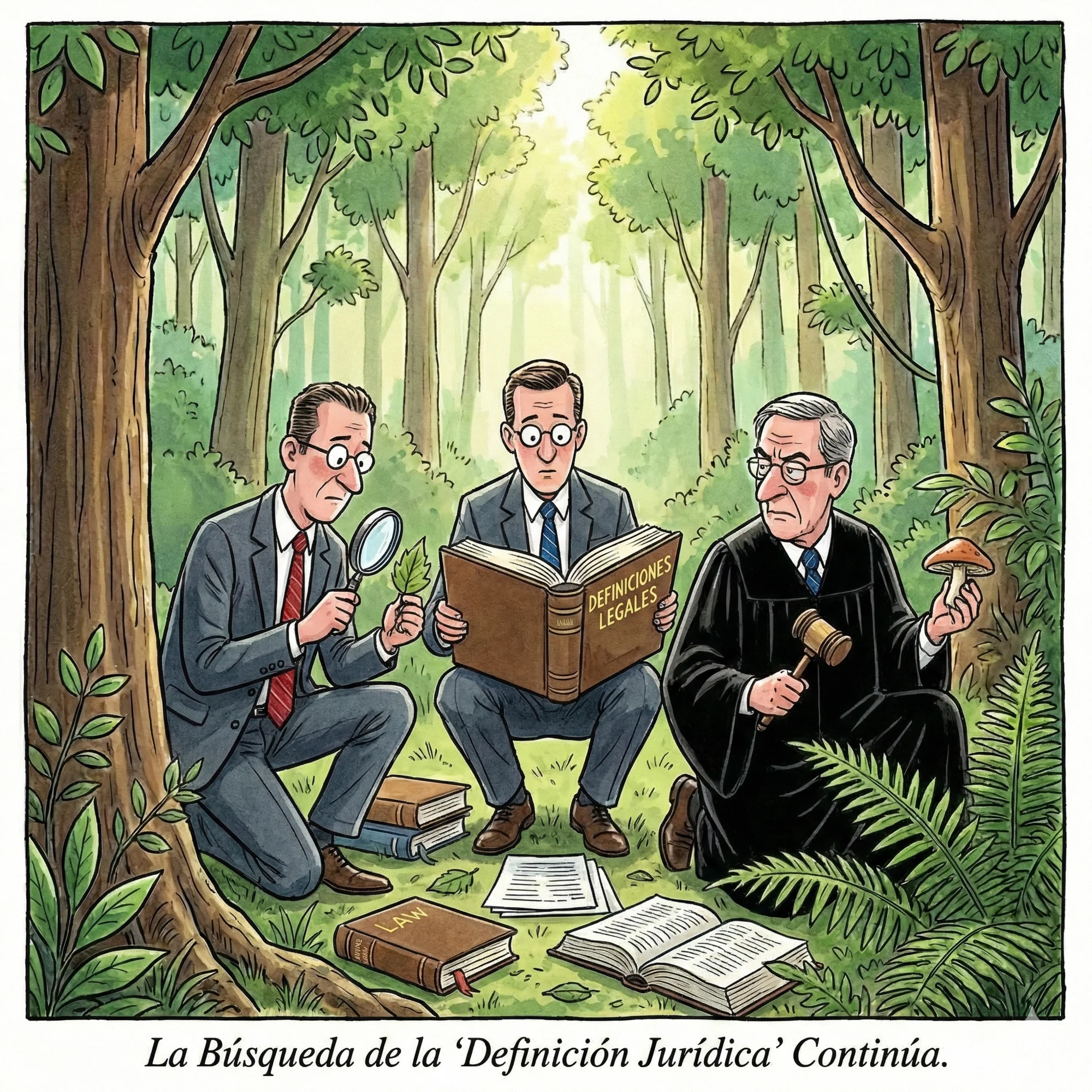 Comic illustration: three lawyers sitting in a forest studying legal definitions from books, with a gavel and magnifying glass
