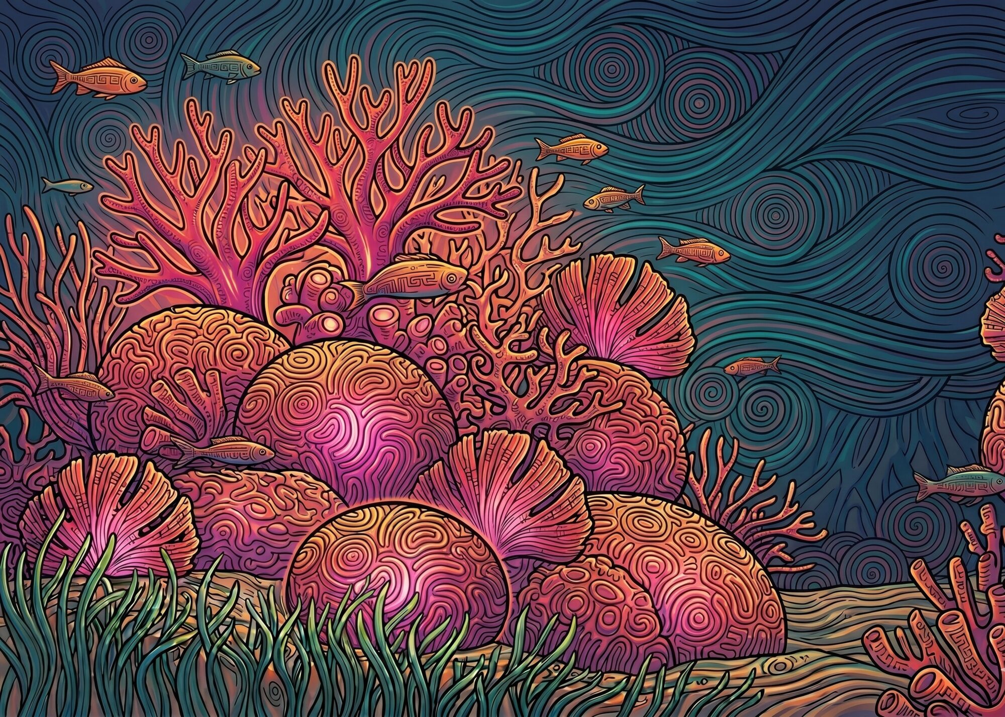 A living coral reef in Golfo Dulce, branching and brain corals with reef fish glowing against deep water