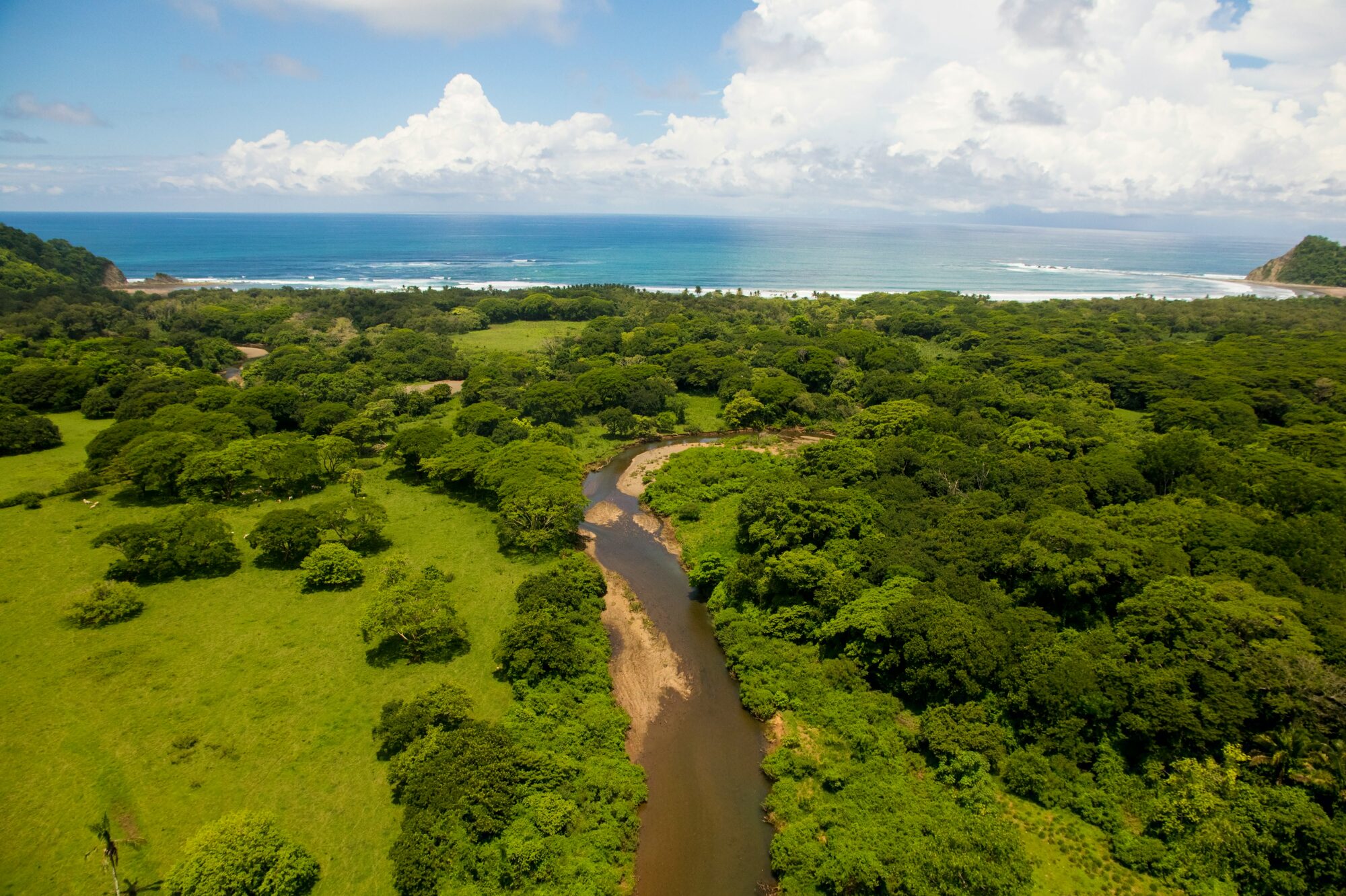 Aerial view of Guanacaste coastline showing forested hills meeting the Pacific Ocean