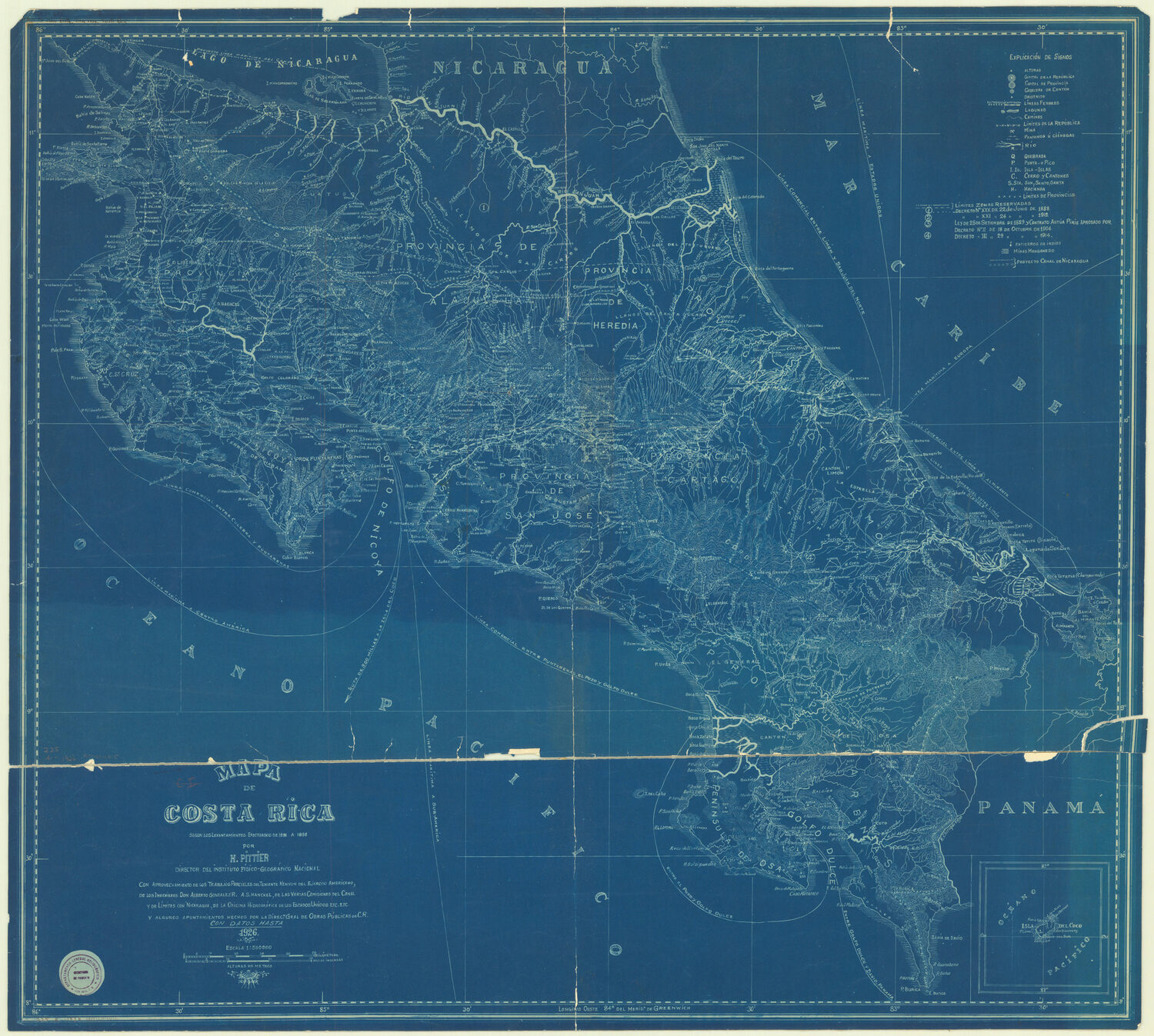1903 map of Costa Rica by Henri Pittier, showing topography, rivers, and administrative boundaries, with an inset of Isla del Coco