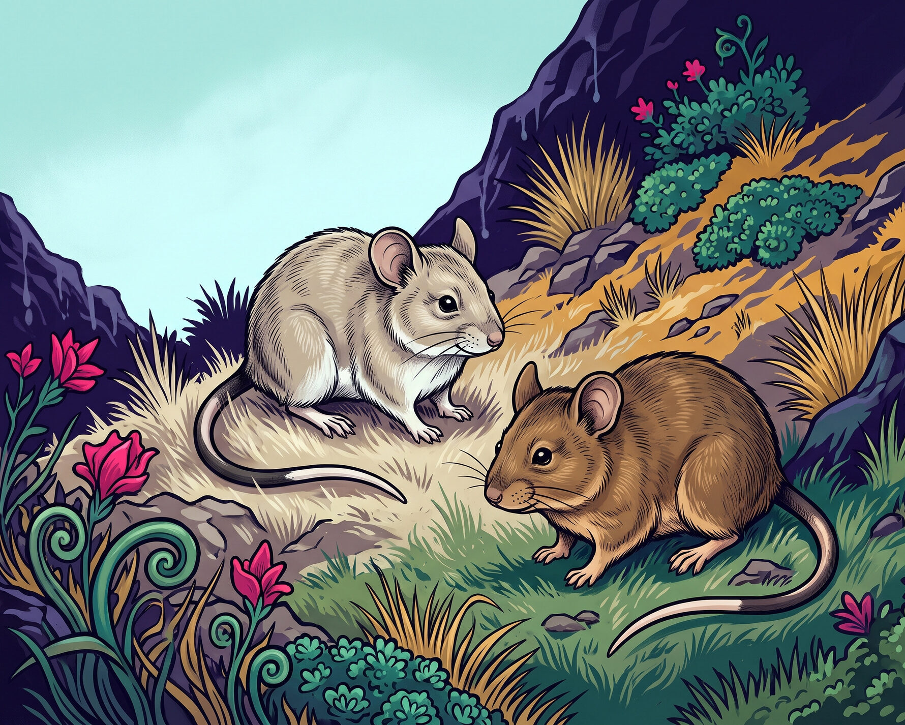 A pale highland and a darker forest form of the same stocky, large-eared Andean mouse face each other on a puna slope that grades from dry grass to damp green.