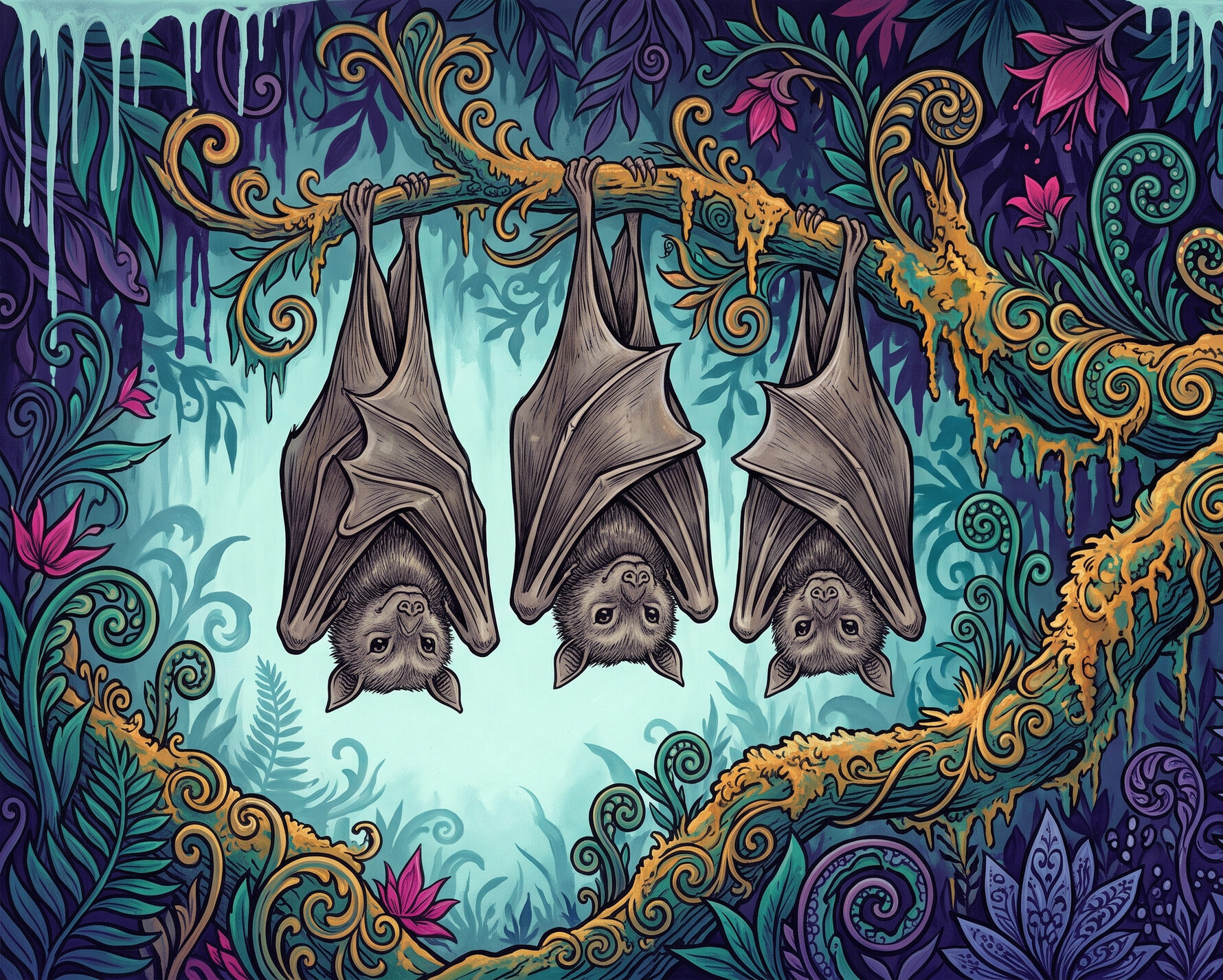 Three nearly identical short-tailed fruit bats hang head-down side by side from a mossy branch, so alike they cannot be told apart.