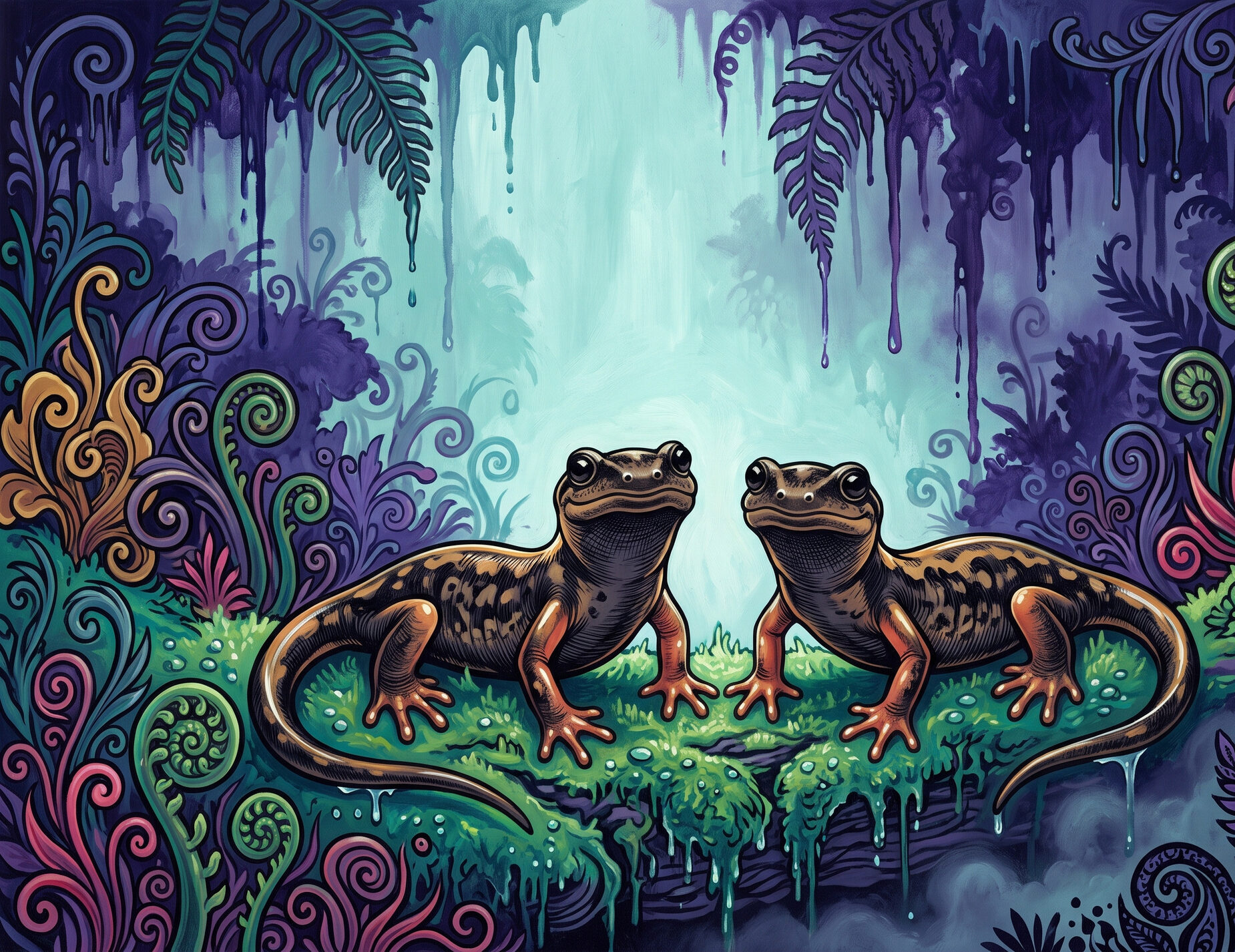 Two nearly identical black, red-legged salamanders sit side by side on a wet, mossy roadbank in cold night mist.