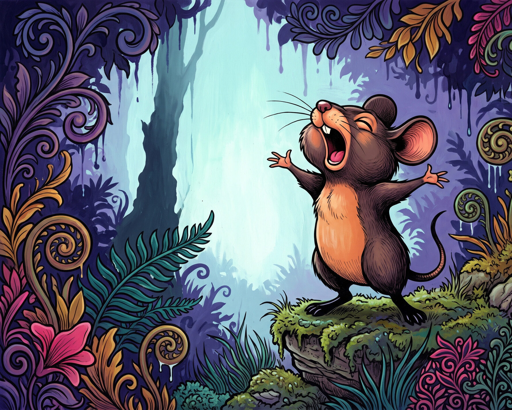 A singing mouse reared up on its hind legs on a mossy rock, head flung back and mouth wide open mid-trill, arms thrown out.