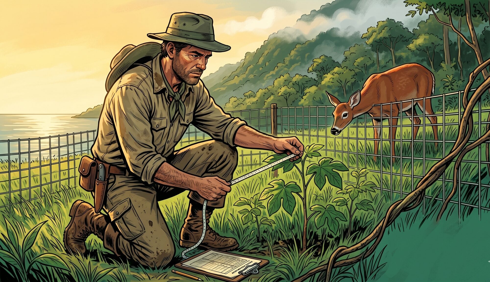 Illustration of Luis Acosta-Vargas crouched at an exclusion fence in Chatham Bay, measuring a Cecropia pittieri seedling with a cloth tape as a white-tailed deer watches from just outside the wire
