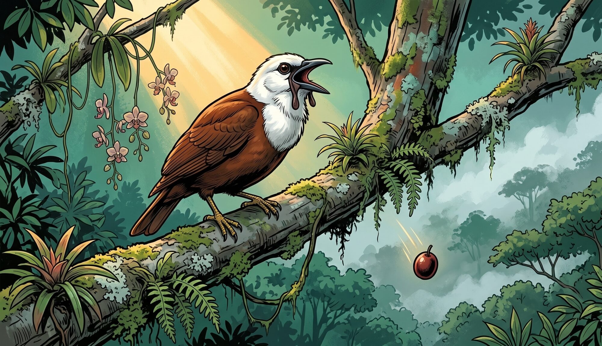 Illustration of a three-wattled bellbird on a mossy horizontal branch in a Monteverde cloud-forest canopy gap, beak open mid-song, a dark red Ocotea fruit tumbling through the air below