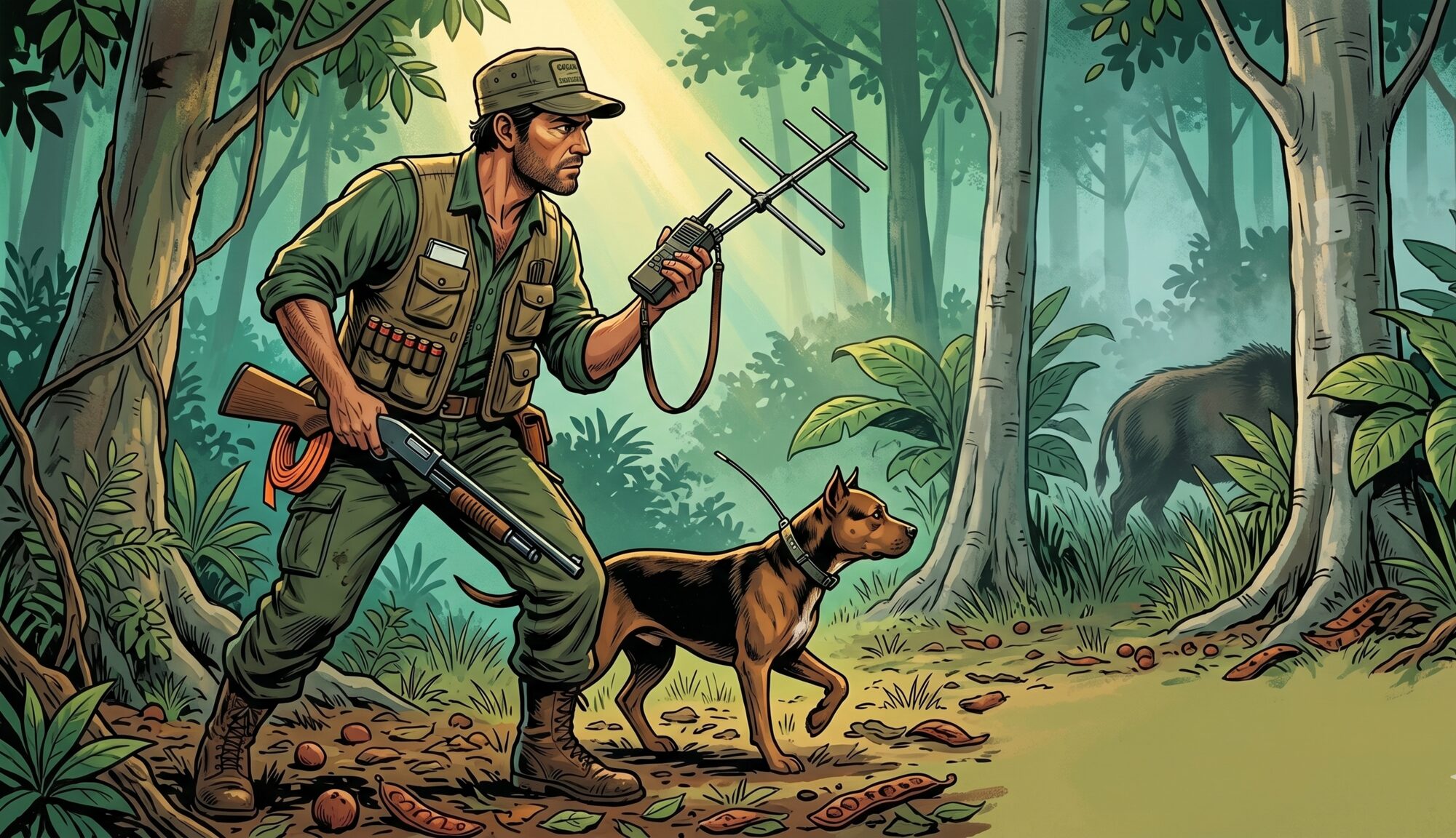 Illustration of a GECI field hunter with radio telemetry antenna and shotgun, a trained scent dog at his knee, tracking a feral pig visible deeper in the forest