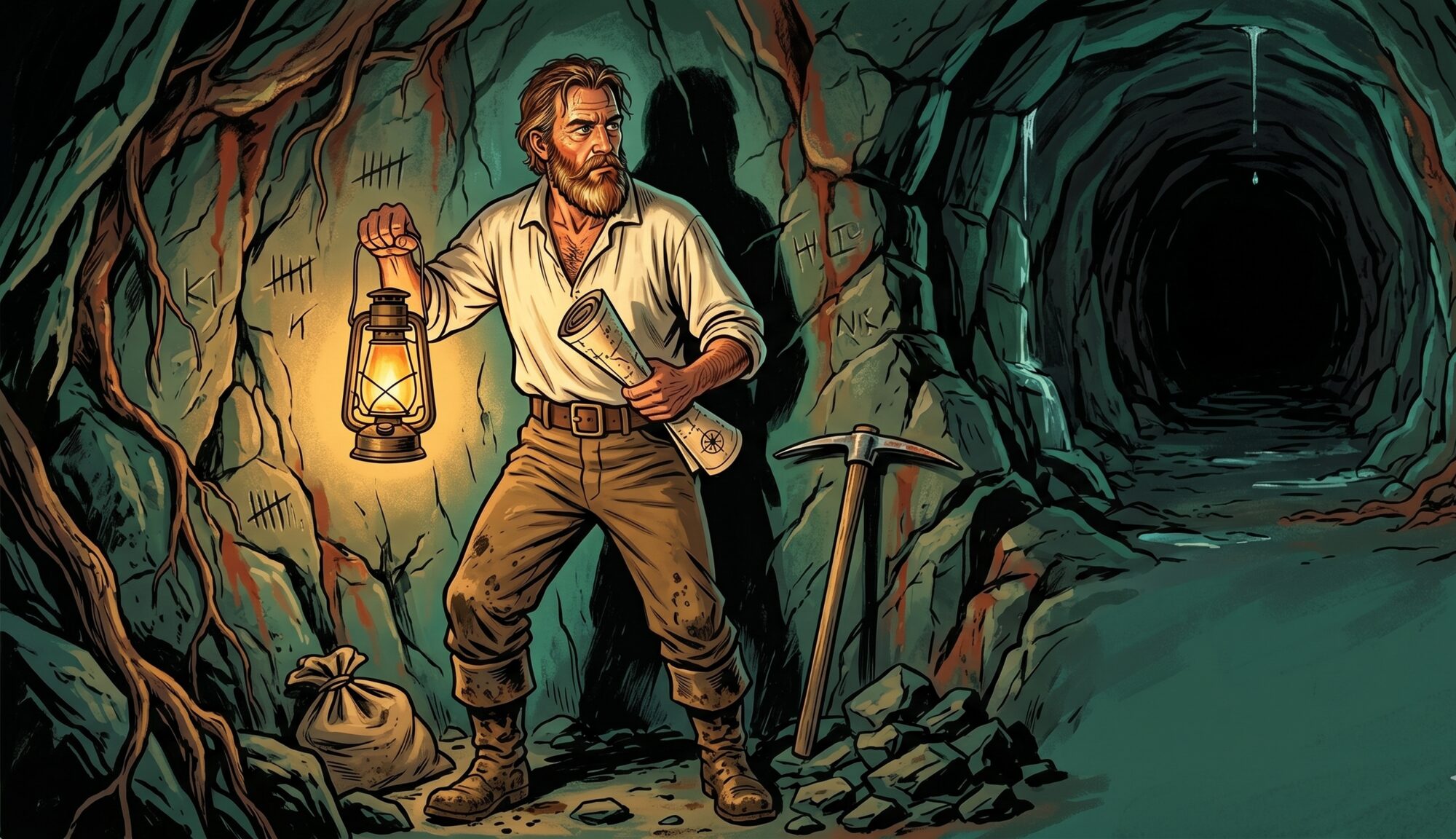 Illustration of Augusto Gissler holding a kerosene lantern and a rolled map deep in one of the tunnels he dug across Cocos Island in pursuit of the Lima treasure