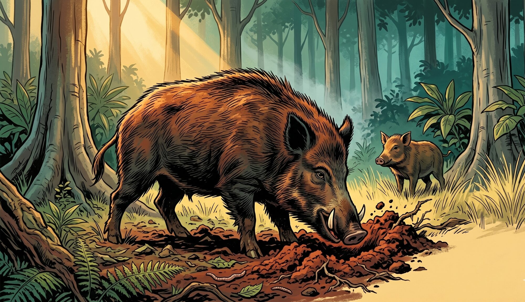 Illustration of a feral pig rooting a patch of bare red soil in the Cocos Island forest interior, a juvenile watching nearby, a shaft of afternoon light striking the scene