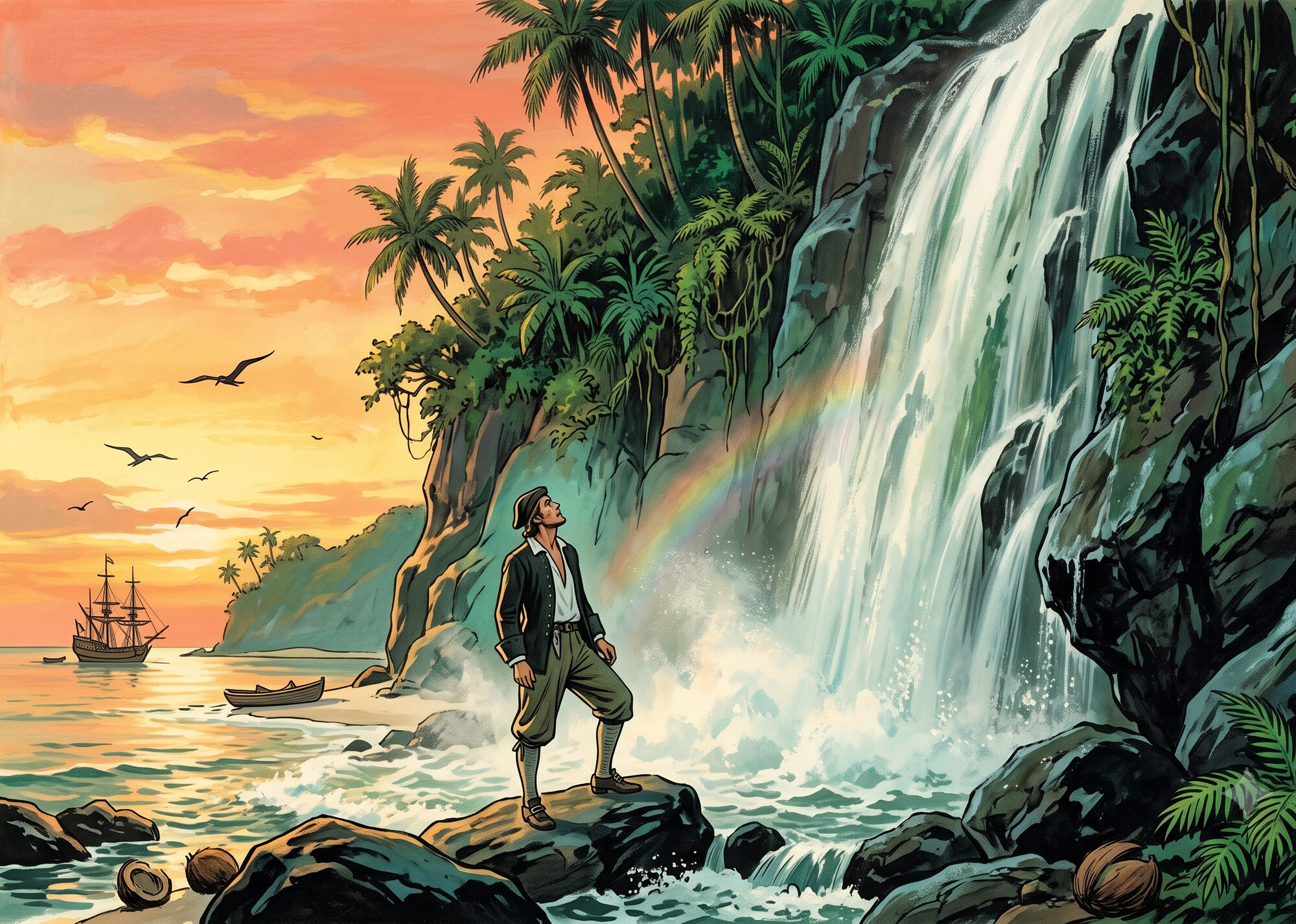 Illustration of Lionel Wafer in 1685, a ship's surgeon in linen shirt and breeches, ashore on Cocos Island at the foot of a tall waterfall, with the Bachelor's Delight anchored in the bay