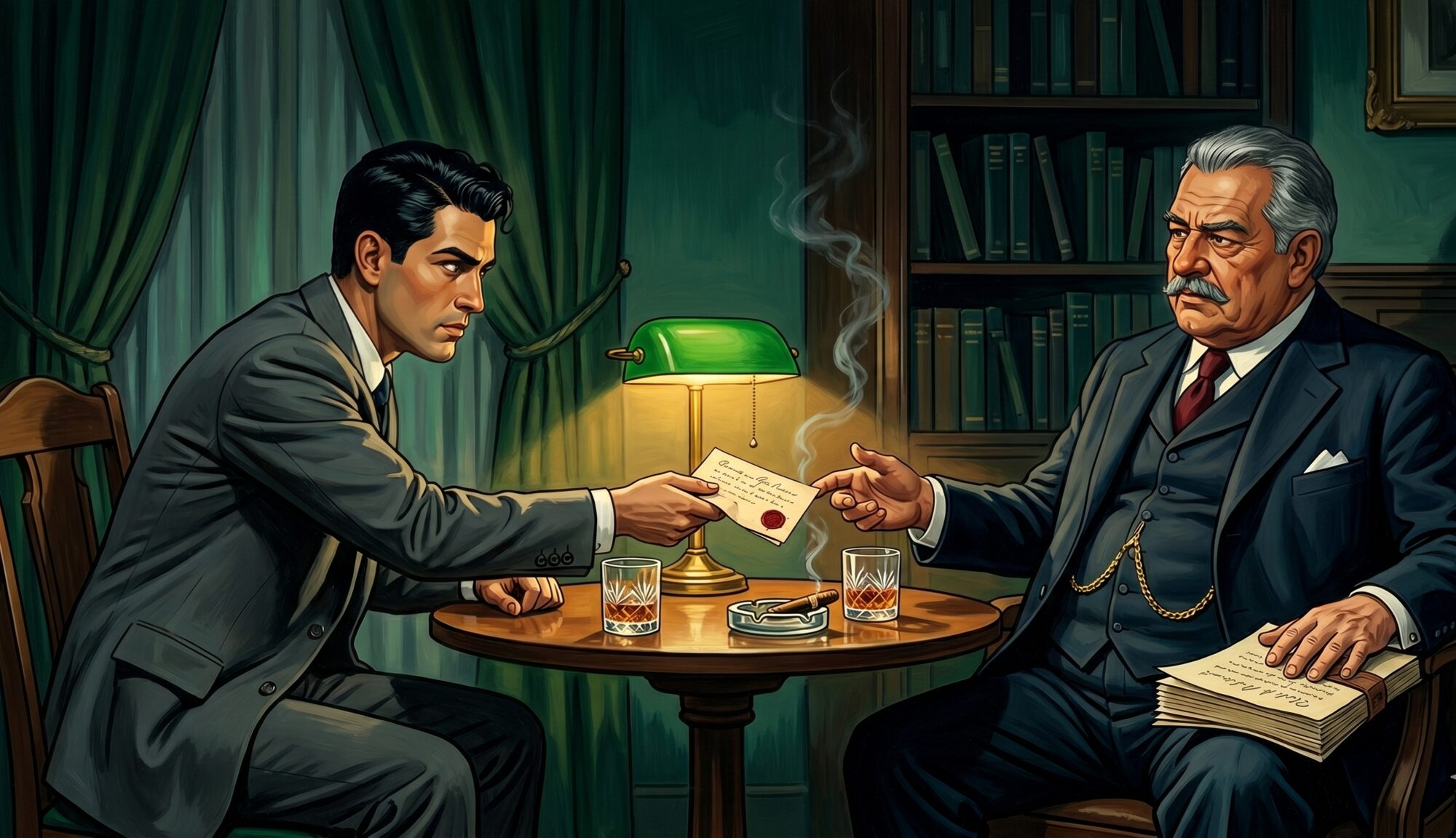 In a dim wood-paneled study lit by a green banker's lamp, a young 1960s Costa Rican reformer slides a wax-sealed parchment across a small round table toward an older statesman who is reaching for it; a thick rumpled bill rests under the older man's other hand