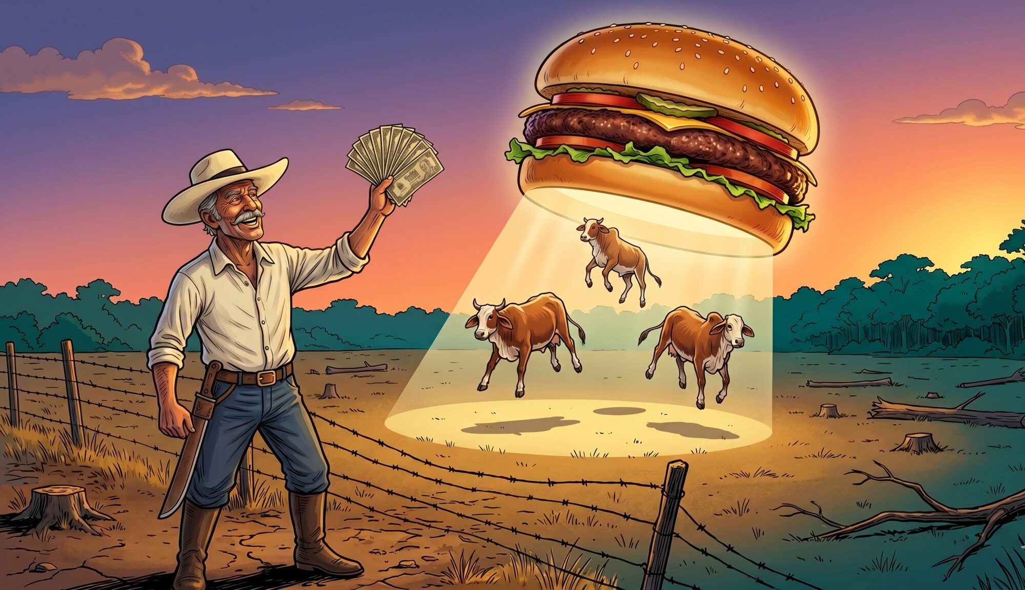 A glowing hamburger hovers over a Guanacaste pasture at dusk, lifting cattle into the air on a beam of light while a Costa Rican sabanero in a wide-brimmed hat waves a fan of cash up at it