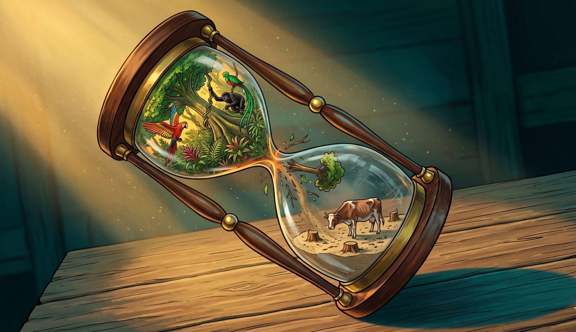A tilted hourglass on a wooden table: the upper chamber packed with vivid living tropical rainforest including a scarlet macaw, a howler monkey and a quetzal; the lower chamber nearly empty, holding a single thin cow standing on cracked earth among splintered stumps