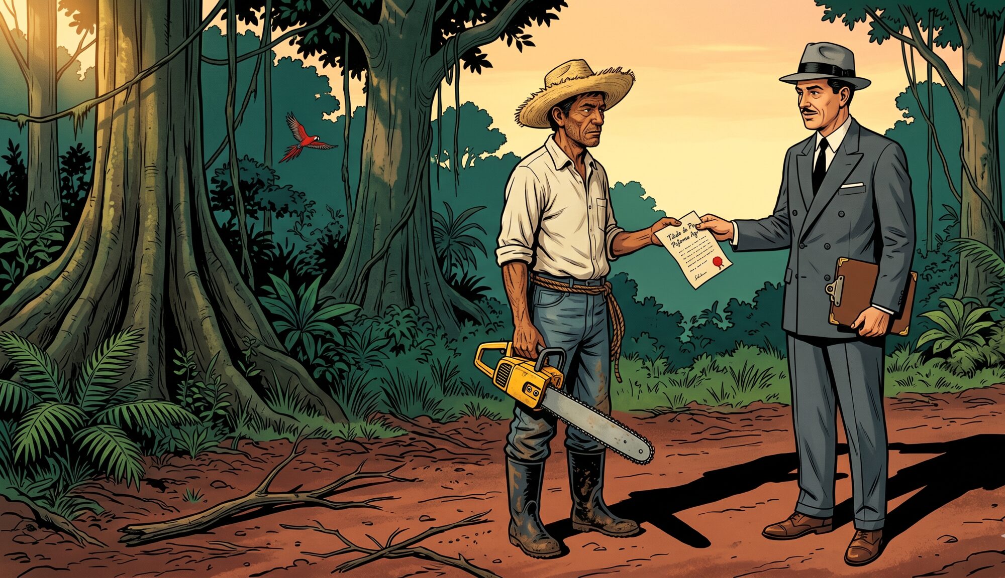 A 1960s ITCO bureaucrat in a gray suit hands a parchment land title to a campesino in a straw sombrero who already grips a yellow chainsaw, at the edge of standing primary rainforest