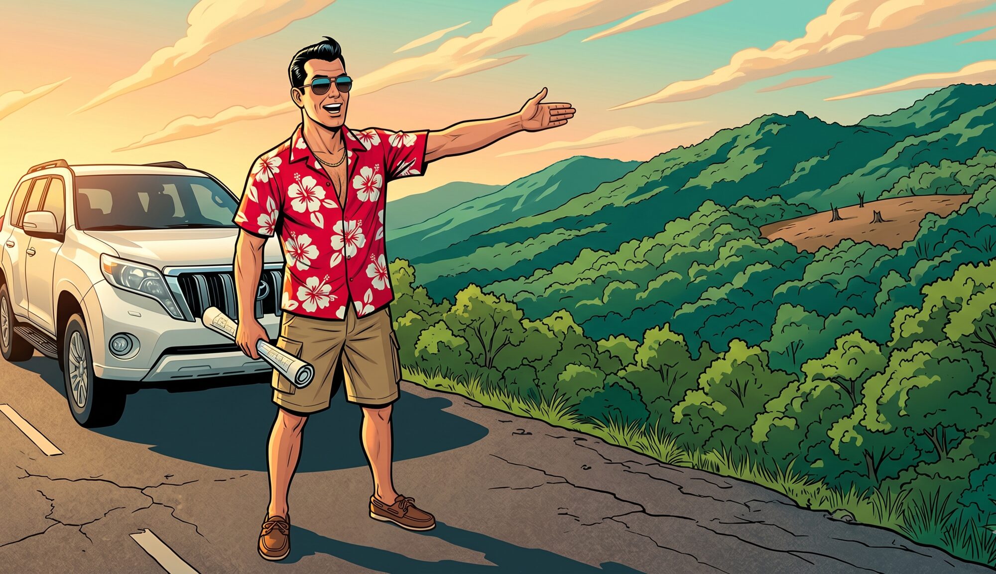 American realtor in a red Hawaiian shirt gesturing toward forested hills on a Costa Rican property tour, his white Toyota Prado parked behind him