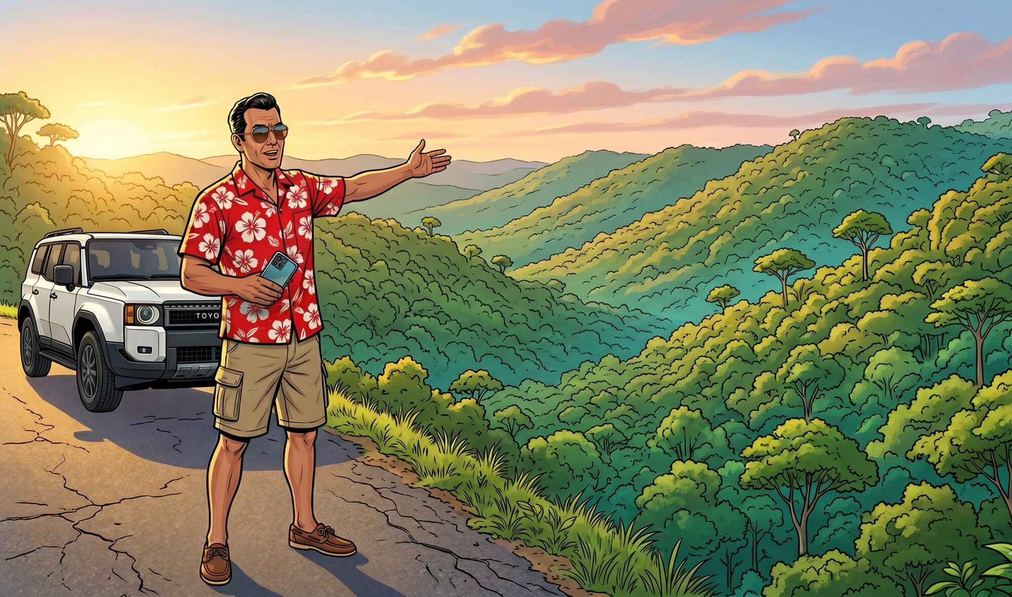 American realtor in a red Hawaiian shirt gesturing toward forested hills on a Costa Rican property tour, his white Toyota Prado parked behind him