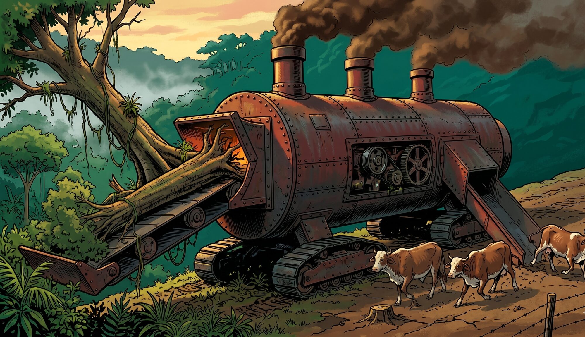 A hulking riveted industrial machine straddles a Costa Rican hillside, feeding rainforest trees into one end on a conveyor belt and discharging cattle onto bare brown pasture at the other end, smokestacks belching brown smoke
