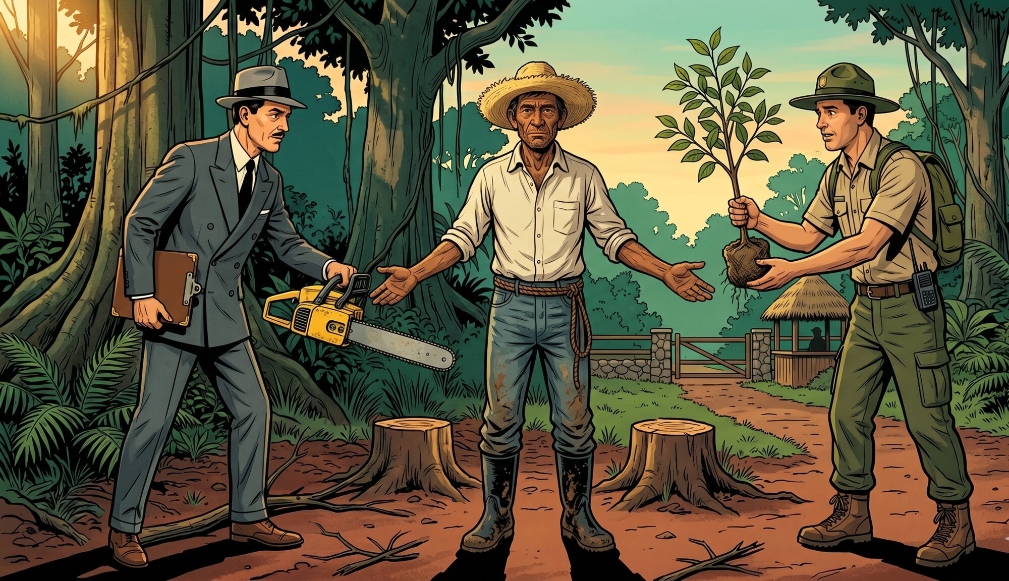 A Costa Rican campesino stands between two stumps with arms outstretched while a 1960s ITCO bureaucrat presses a chainsaw into one hand and a modern park ranger offers a sapling to the other; primary rainforest behind one figure, a national-park gate behind the other