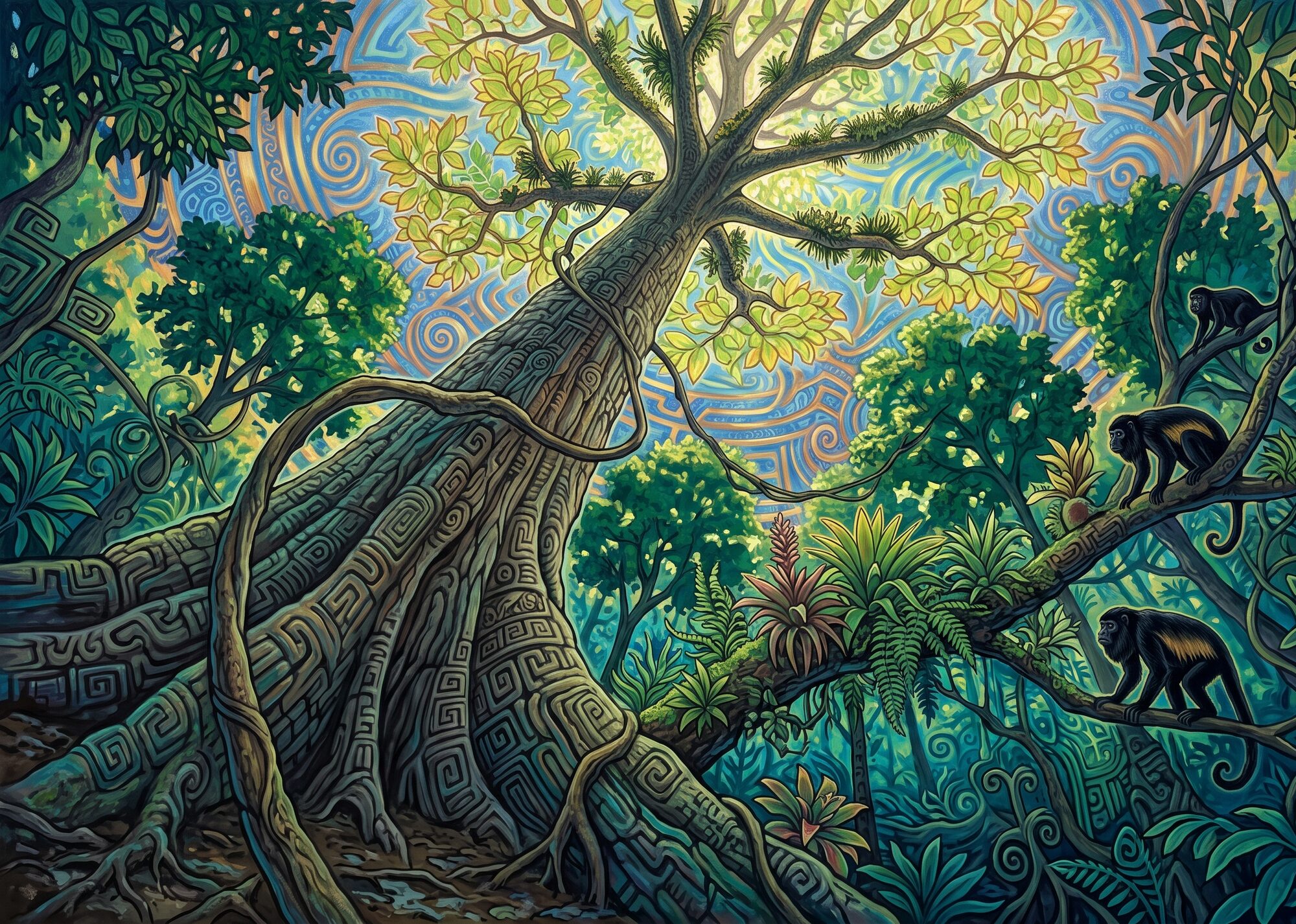 A patterned rainforest trunk rises toward a sunlit golden-green crown above shaded trees, with ferns and bromeliads covering branches and three howler monkeys among the foliage.