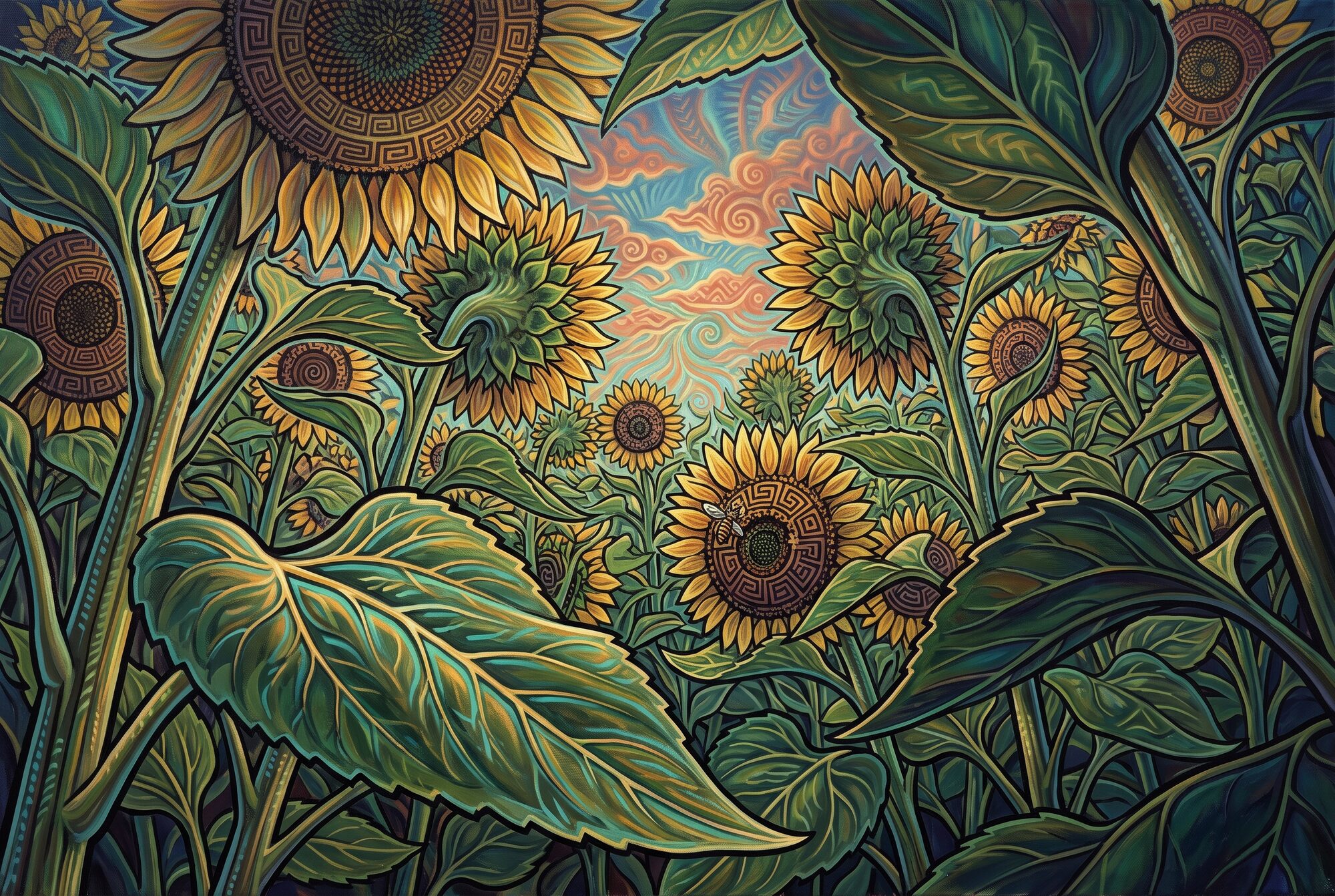 A view from among sunflower stems looks upward through overlapping luminous leaves and patterned golden flower heads toward a small opening of sky, with bees among the florets.