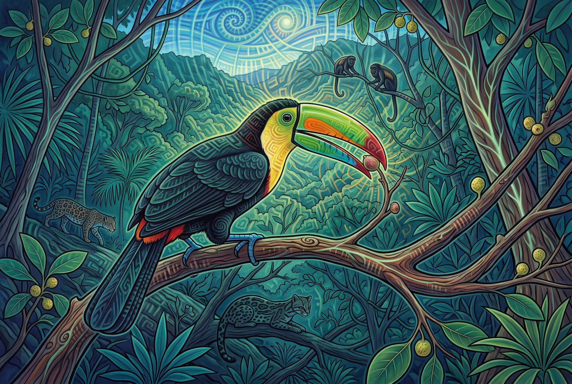 A keel-billed toucan reaches for a fig above a layered rainforest valley, with luminous geometric patterns in its feathers, branches and foliage and shaded cats and monkeys among the trees.