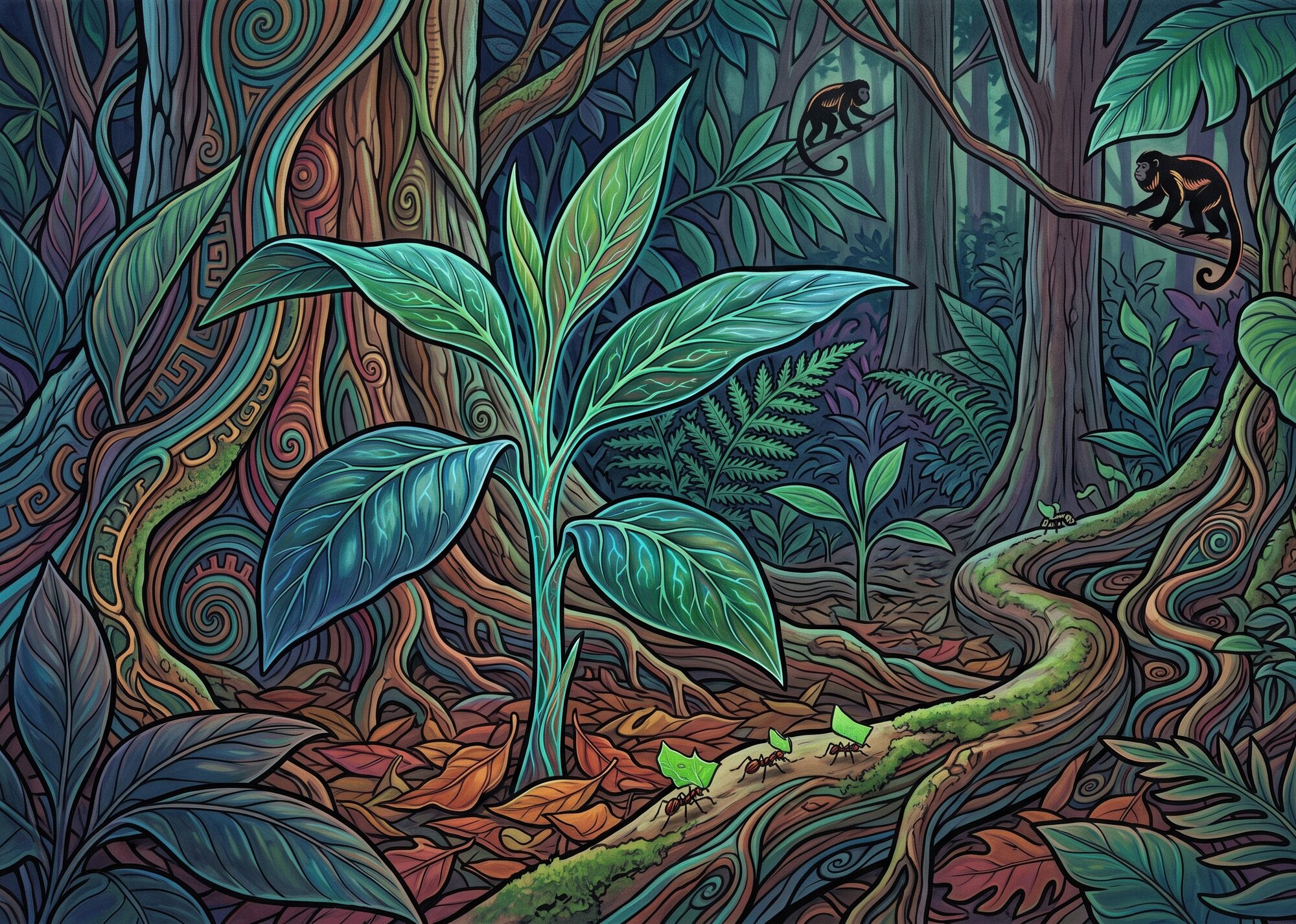 A young tree with luminous leaf veins grows among smaller seedlings beneath a shaded tropical canopy; leaf-cutter ants cross a mossy root and monkeys move along distant branches.