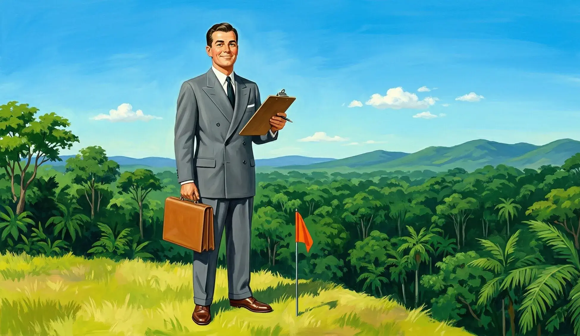 A confident developer in a crisp gray suit surveys a tropical forest valley from a sunny hilltop, clipboard in hand, looking entirely in control.