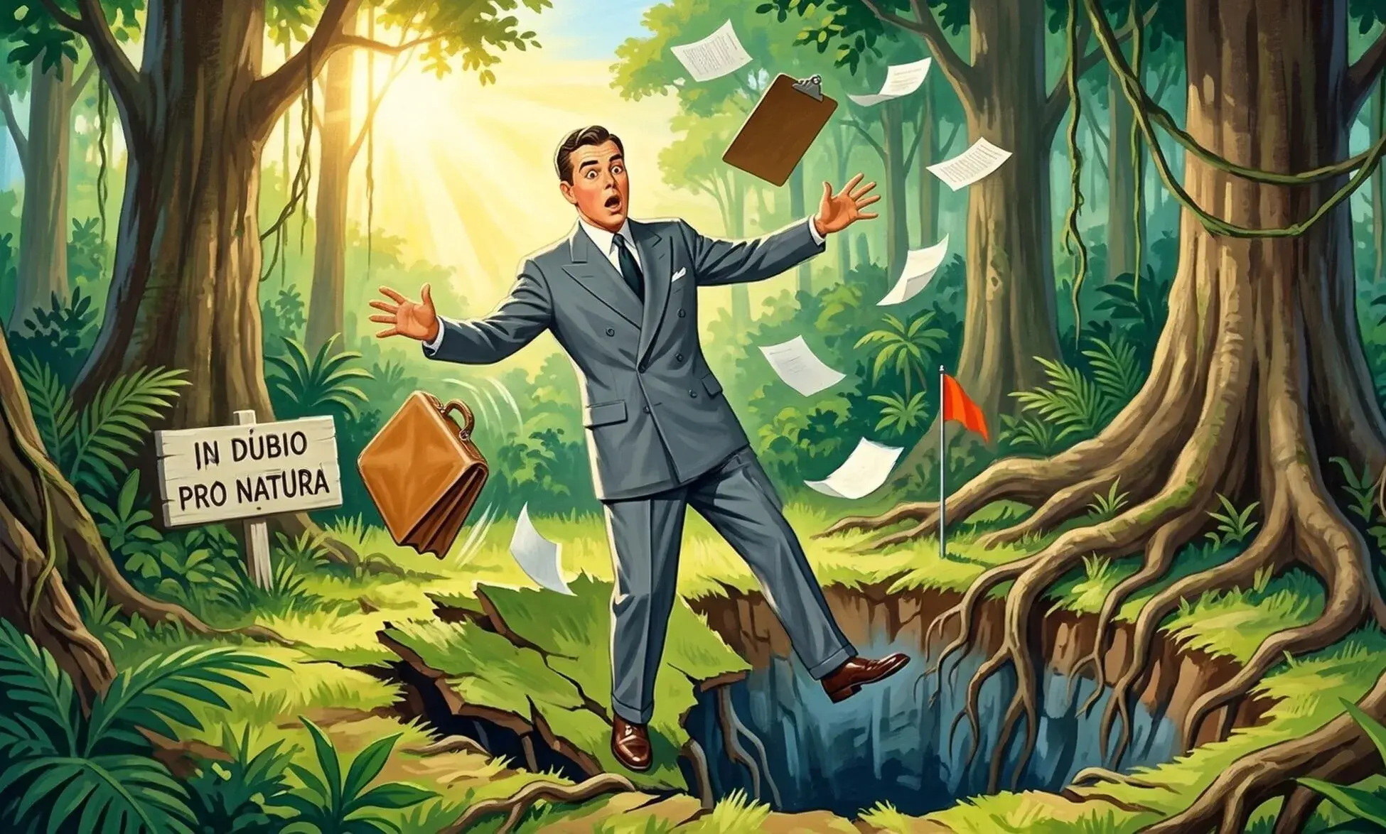 A startled developer loses his footing as the forest floor cracks open beneath him, papers scattering, a sign in the undergrowth reading 'IN DUBIO PRO NATURA.'