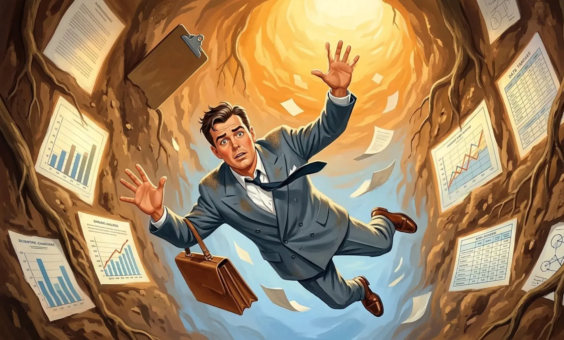 A disheveled developer falls through an underground tunnel whose dirt walls are embedded with scientific charts and documents, papers spiraling around him.