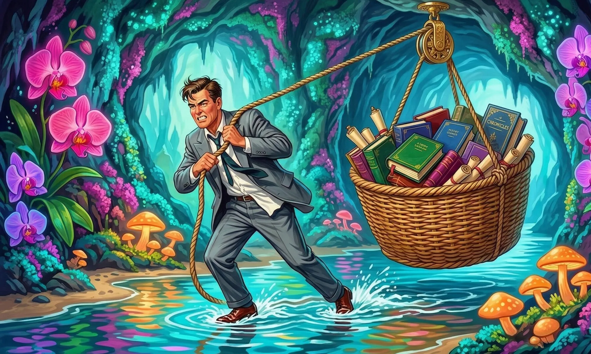 A staggering developer bends under the weight of a massive brass balance scale loaded with legal volumes on one side and nothing on the other.