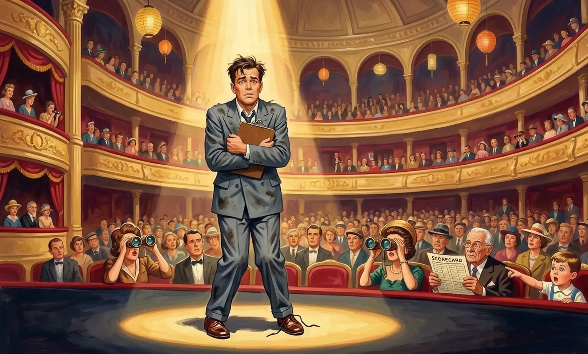 A nervous developer clutches his clipboard in the center of a vast underground amphitheater, hundreds of citizens in tiered seats staring down at him.