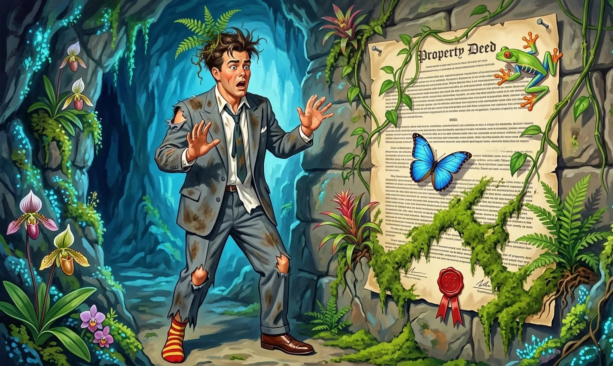 A horrified developer holds up his property deed, which is covered in tree frogs, butterflies, vines, and ants -- the wildlife of the land claiming the document for itself.