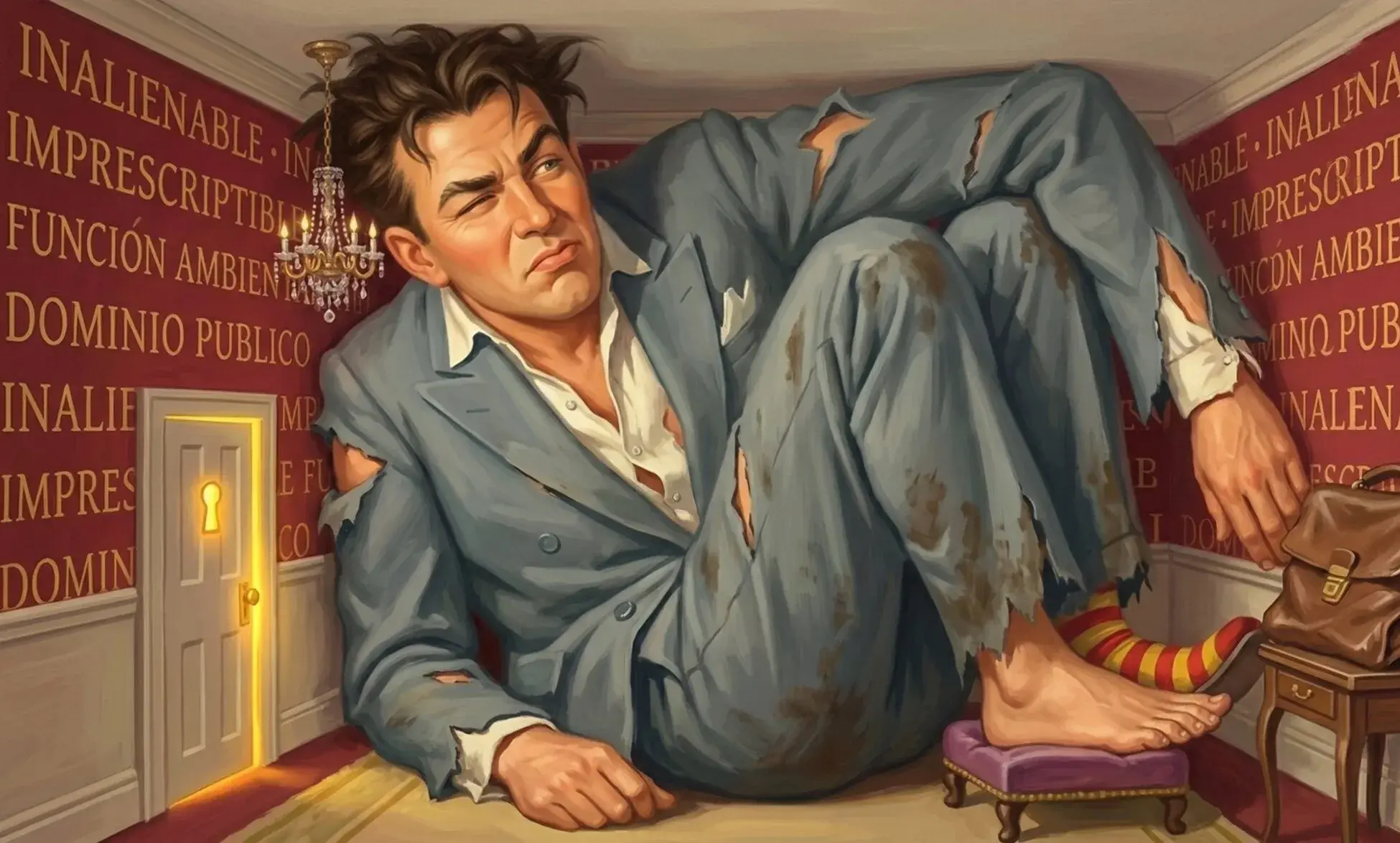 A panicked developer is crammed into a tiny underground room that has shrunk around him, legal terms carved into every wall, his body pressed against the ceiling.