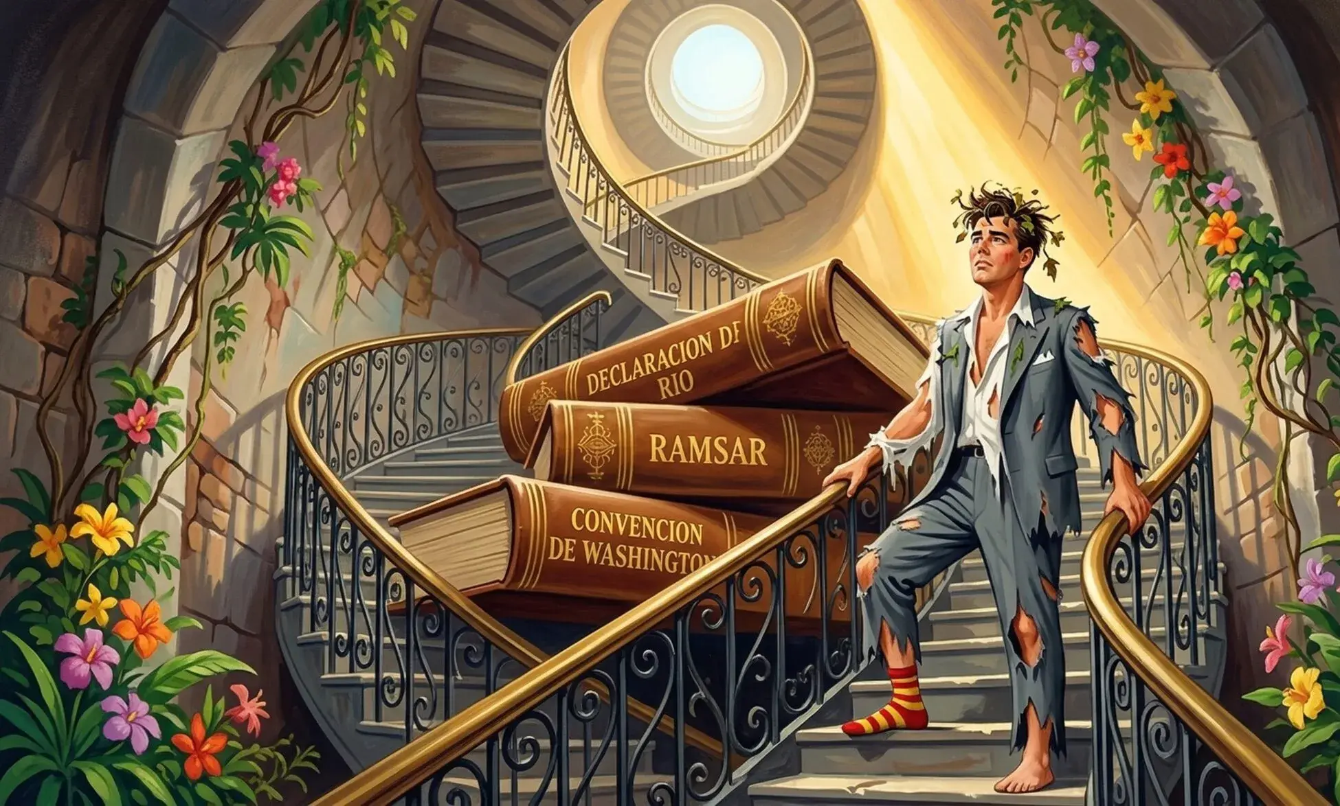 A ragged developer stands at the bottom of a grand spiral staircase blocked by three enormous treaty volumes, daylight visible far above.