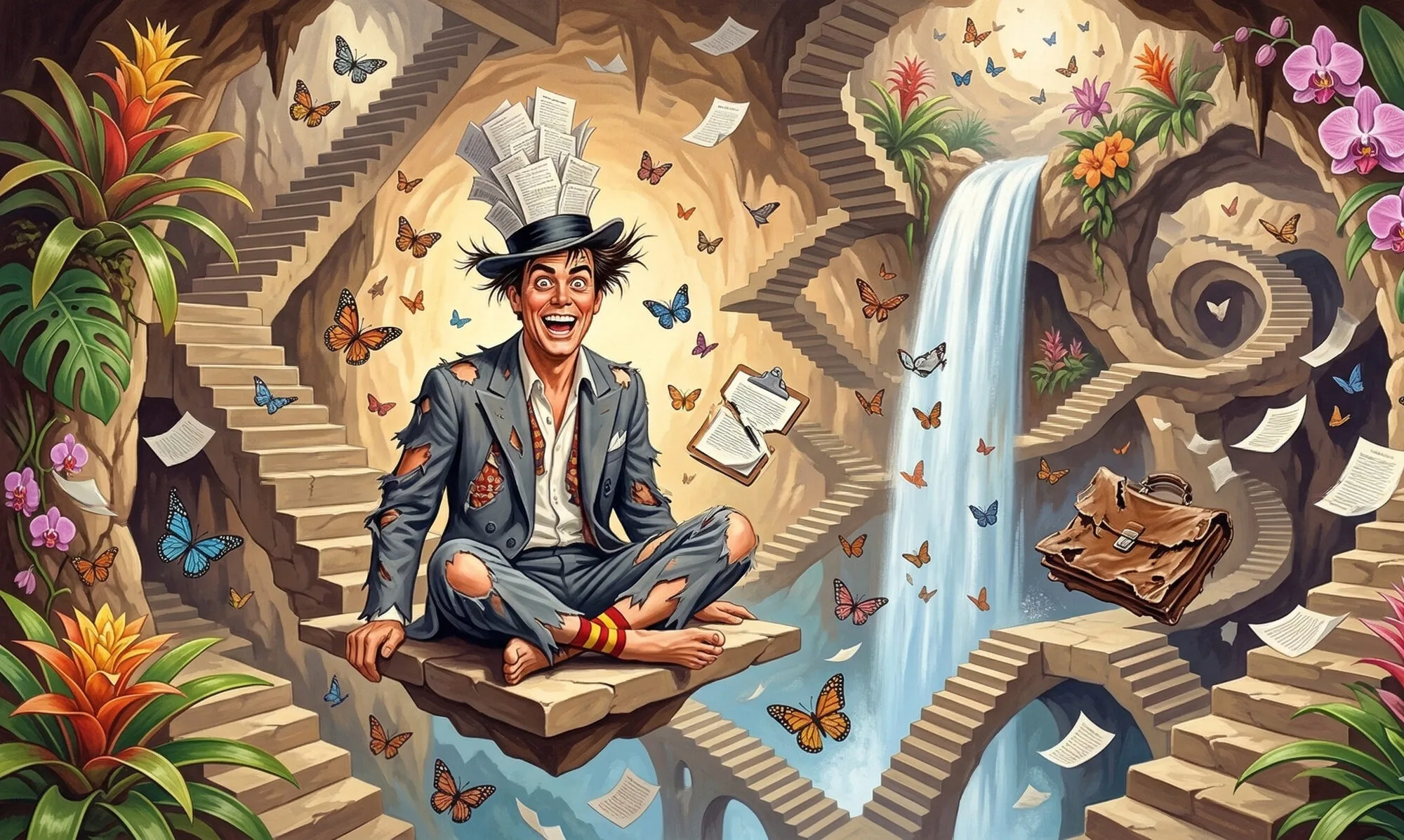A grinning, wild-eyed developer in a destroyed suit and a hat made of legal documents sits cross-legged on a floating platform in a psychedelic Escher-like wonderland, butterflies and legal papers drifting around him.