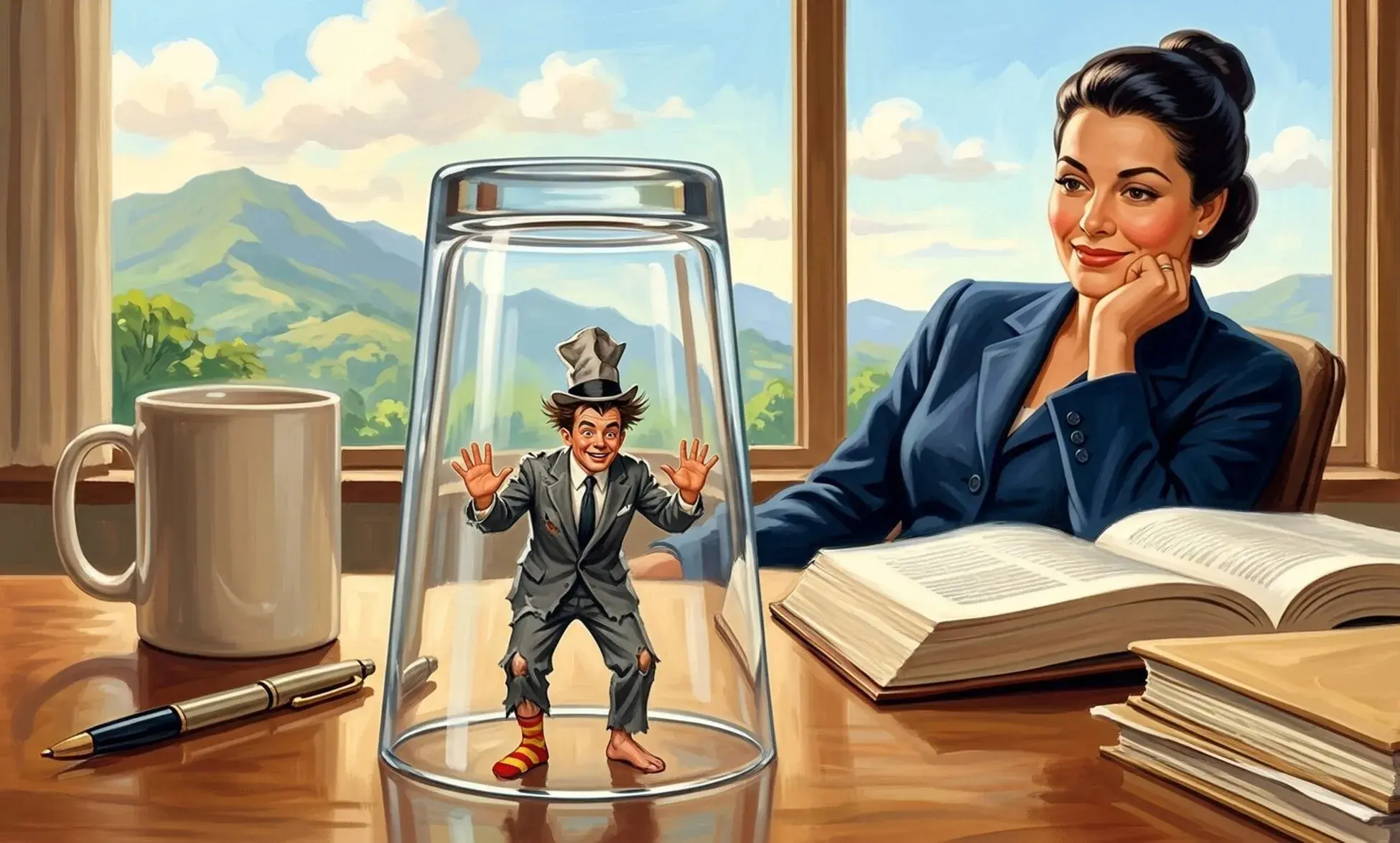 A Costa Rican attorney watches with calm amusement as a tiny, manic developer in a destroyed suit is trapped under a drinking glass on her desk.