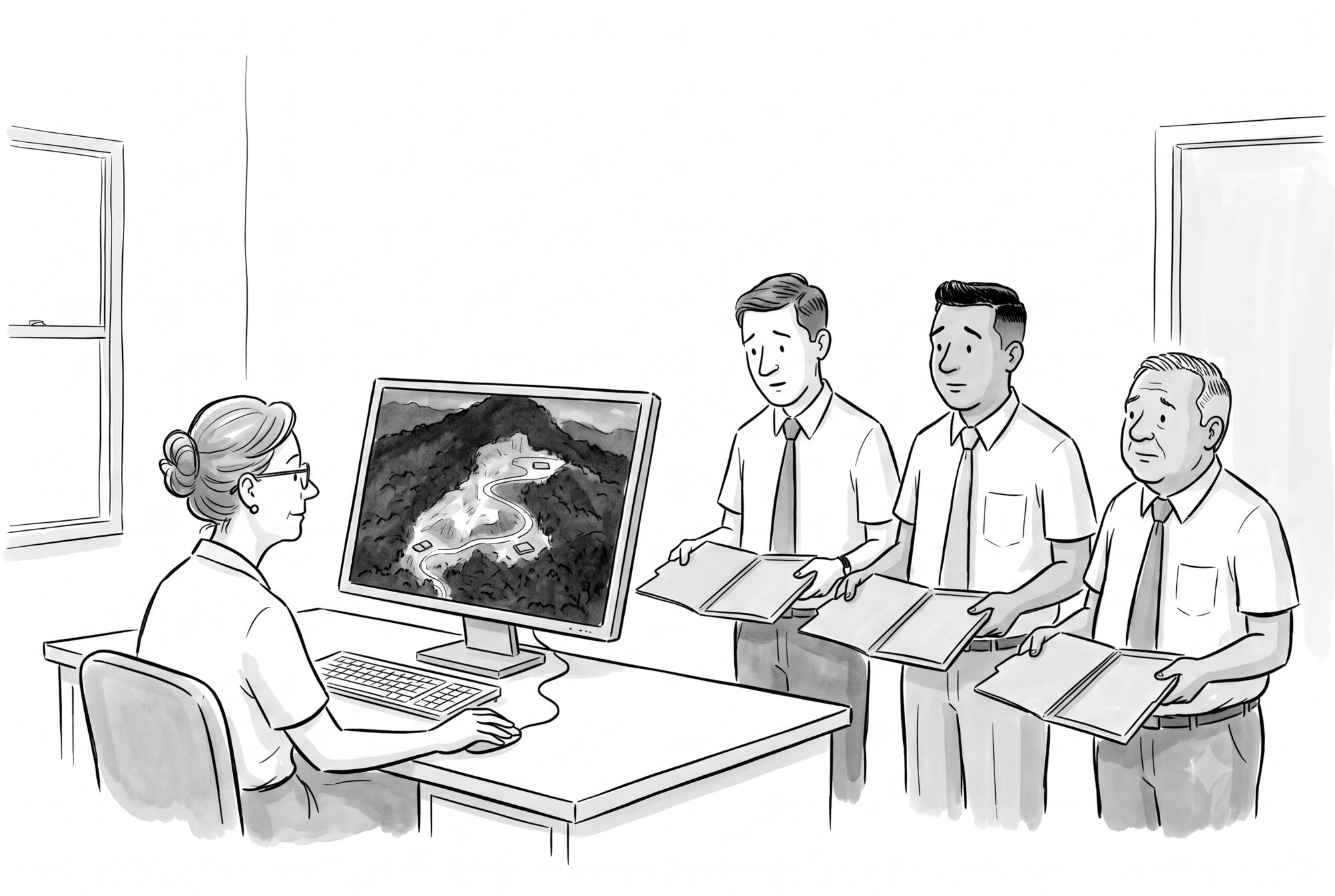 Pen-and-ink cartoon: a woman auditor at a bare desk studies a monitor showing a satellite view of a forested ridge with a large raw clearing and a switchback road cut into it, while three government officials stand across the desk holding open file folders that are completely empty.